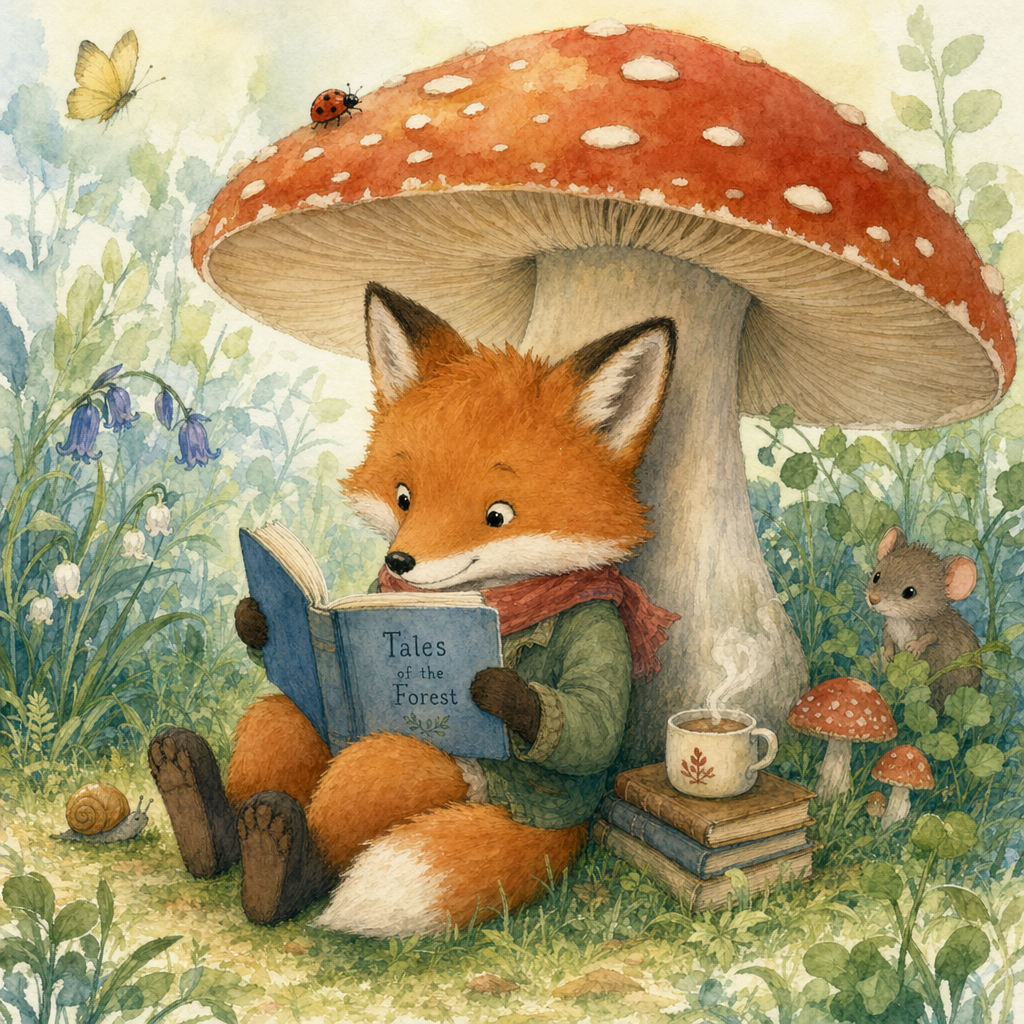 A whimsical children's book illustration of a fox reading under a mushroom, soft watercolor style