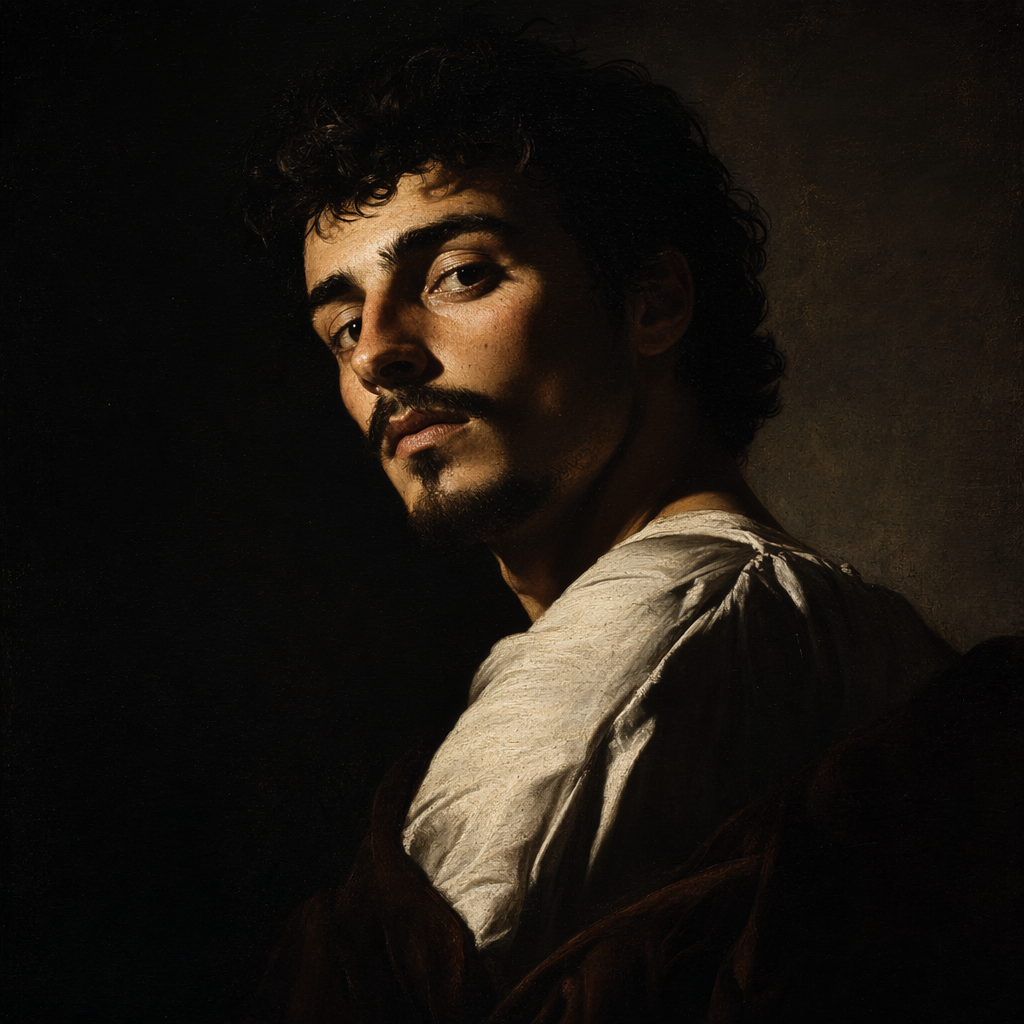 A dramatic chiaroscuro portrait inspired by Caravaggio, Renaissance painting aesthetic