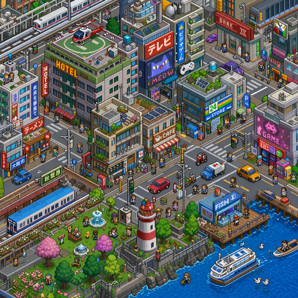 An isometric pixel art city with tiny details, retro video game aesthetic, vibrant colors