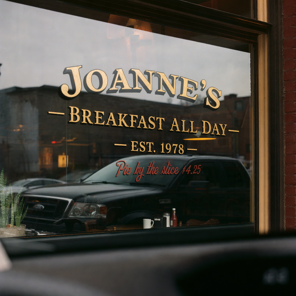 Photoreal 35mm photograph of a hand-painted diner window in Pittsburgh at 6:47 AM, shot from a parked car across the street. Window lettering in gold-leaf serif with black drop-shadow reads exactly: "JOANNE'S — BREAKFAST ALL DAY — EST. 1978". Below in smaller red cursive: "Pie by the slice $4.25". Reflection shows a Ford F-150 and overcast sky. Kodak Portra 400, 50mm f/2, shallow DoF. No watermarks, render text once, verbatim.