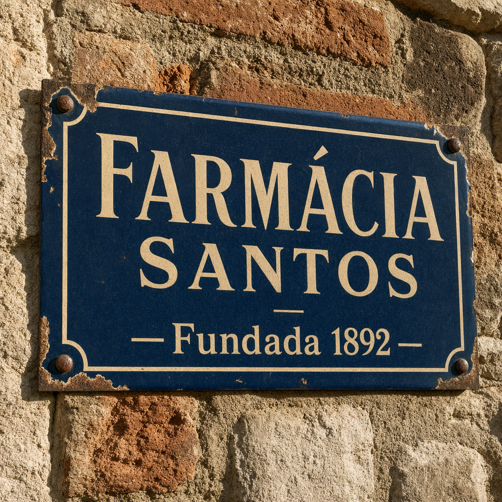 Vintage enamel pharmacy sign mounted on a brick wall in Lisbon's Alfama district, afternoon sun raking across it. Navy ground, cream serif text reads exactly: "FARMÁCIA SANTOS — Fundada 1892". Subtle rust on rivets, chipped enamel at corners. Shot 3:2, documentary realism, no motion blur, no added signs, readable at 4K.