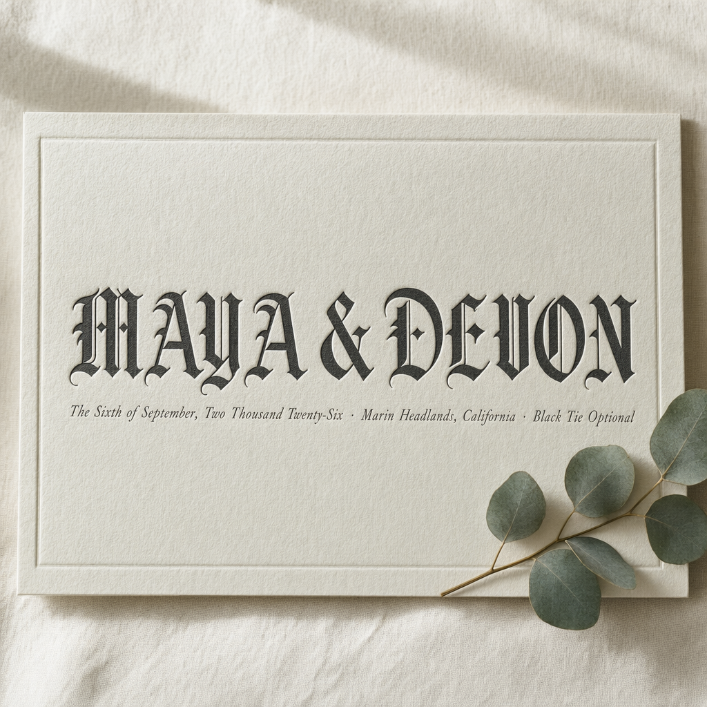 Letterpress-printed wedding invitation on cream cotton stock, photographed flat overhead under soft window light. Deboss texture visible. Blackletter capitals read exactly: "MAYA & DEVON". Below in thin italic: "The Sixth of September, Two Thousand Twenty-Six · Marin Headlands, California · Black Tie Optional". Sprig of eucalyptus at corner. No watermarks, no stock-photo feel.