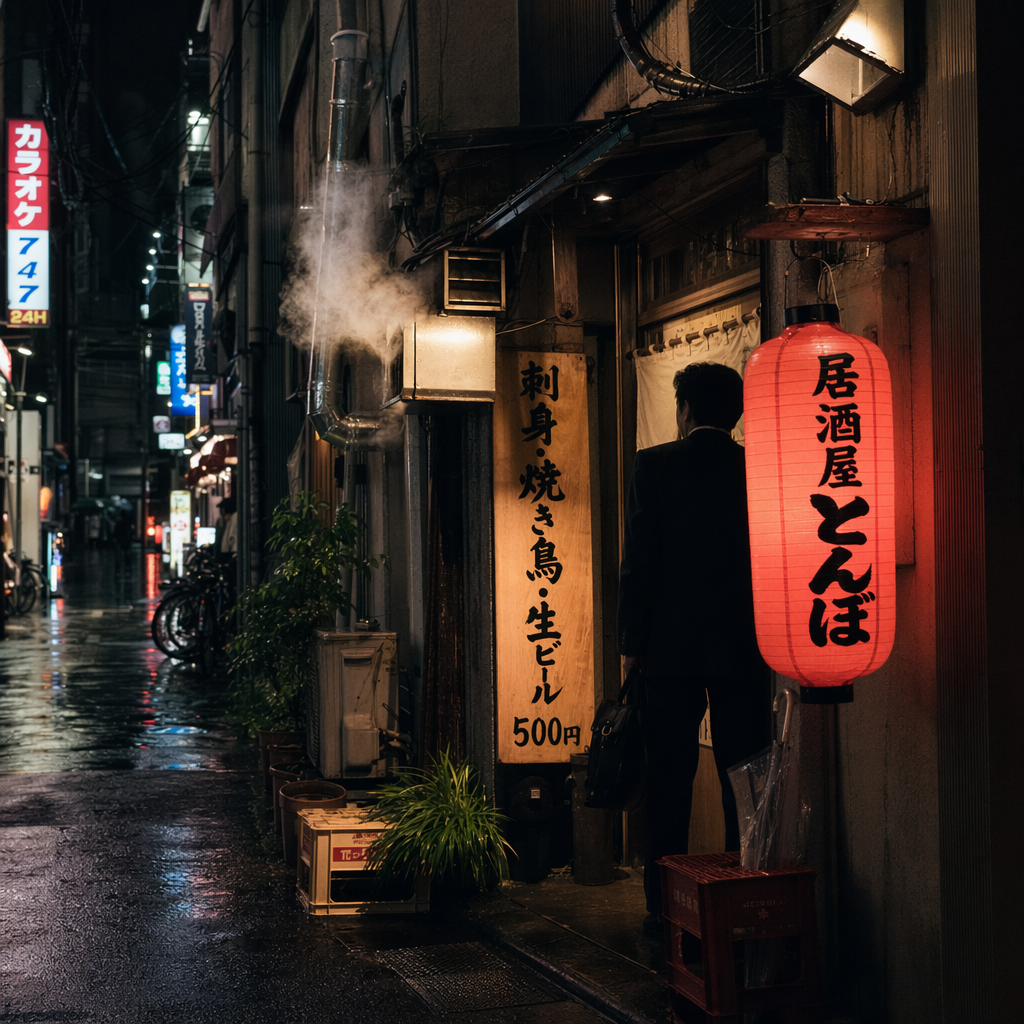 Shinjuku back-alley izakaya at 11 PM, shot from across the street on a rainy Tuesday. Red chochin lantern reads exactly "居酒屋 とんぼ". Vertical wooden sign in black sumi strokes reads exactly "刺身・焼き鳥・生ビール 500円". Steam from ducted vent, wet asphalt reflecting neon, salaryman silhouette in doorway. Fujifilm X100V look, 23mm, f/2, ISO 1600. All Japanese text rendered verbatim, no invented characters.