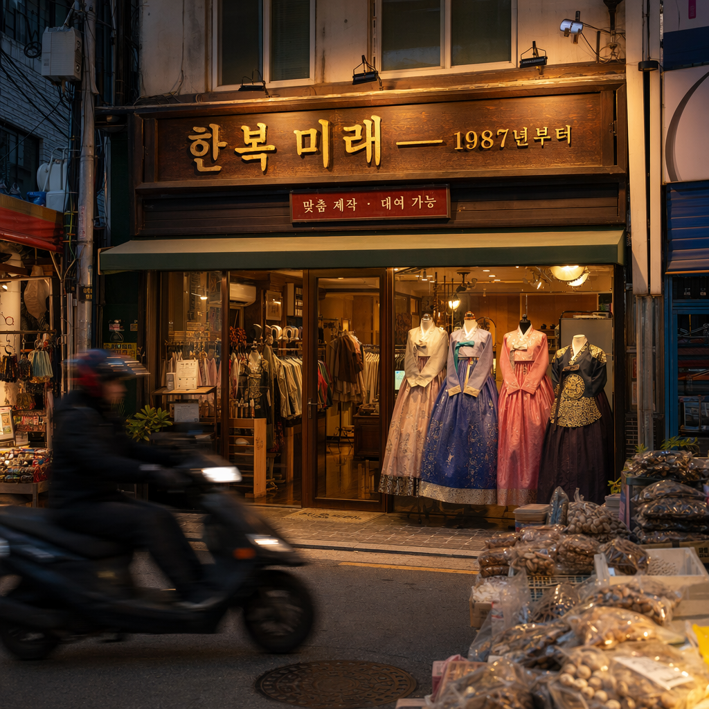 Seoul Mangwon market storefront at dusk. Hanbok-shop signage in lacquered wood reads exactly "한복 미래 — 1987년부터". Smaller red placard: "맞춤 제작 · 대여 가능". Warm tungsten spill, passing scooter motion-blurred. Photojournalism framing, Sony A7IV 35mm. Do not romanize; render Hangul characters exactly as given.