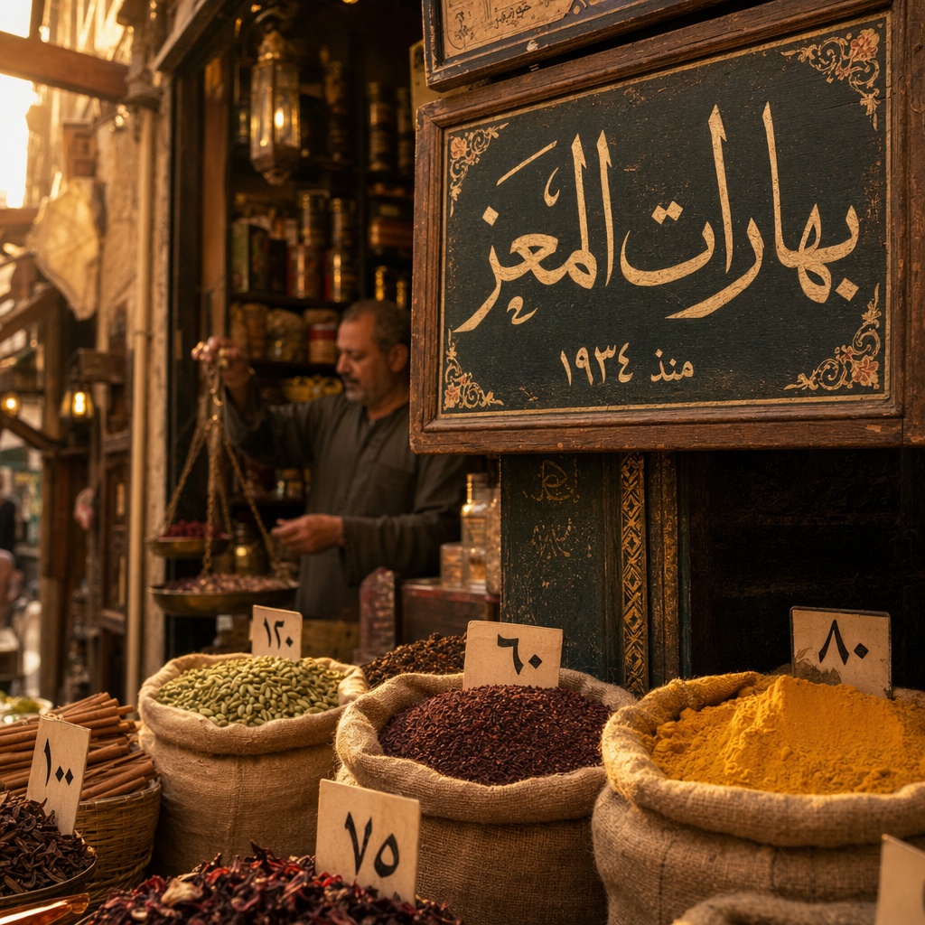 Cairo Khan el-Khalili spice stall at golden hour. Hand-painted Arabic signboard in thuluth script reads exactly "بهارات المعز — منذ ١٩٣٤". Burlap sacks of sumac, cardamom, turmeric with small price cards in Arabic numerals. Shopkeeper out of focus, weighing spices on a brass scale. Documentary 35mm, shallow DoF. Arabic right-to-left, correct ligatures, no Latin substitutions.