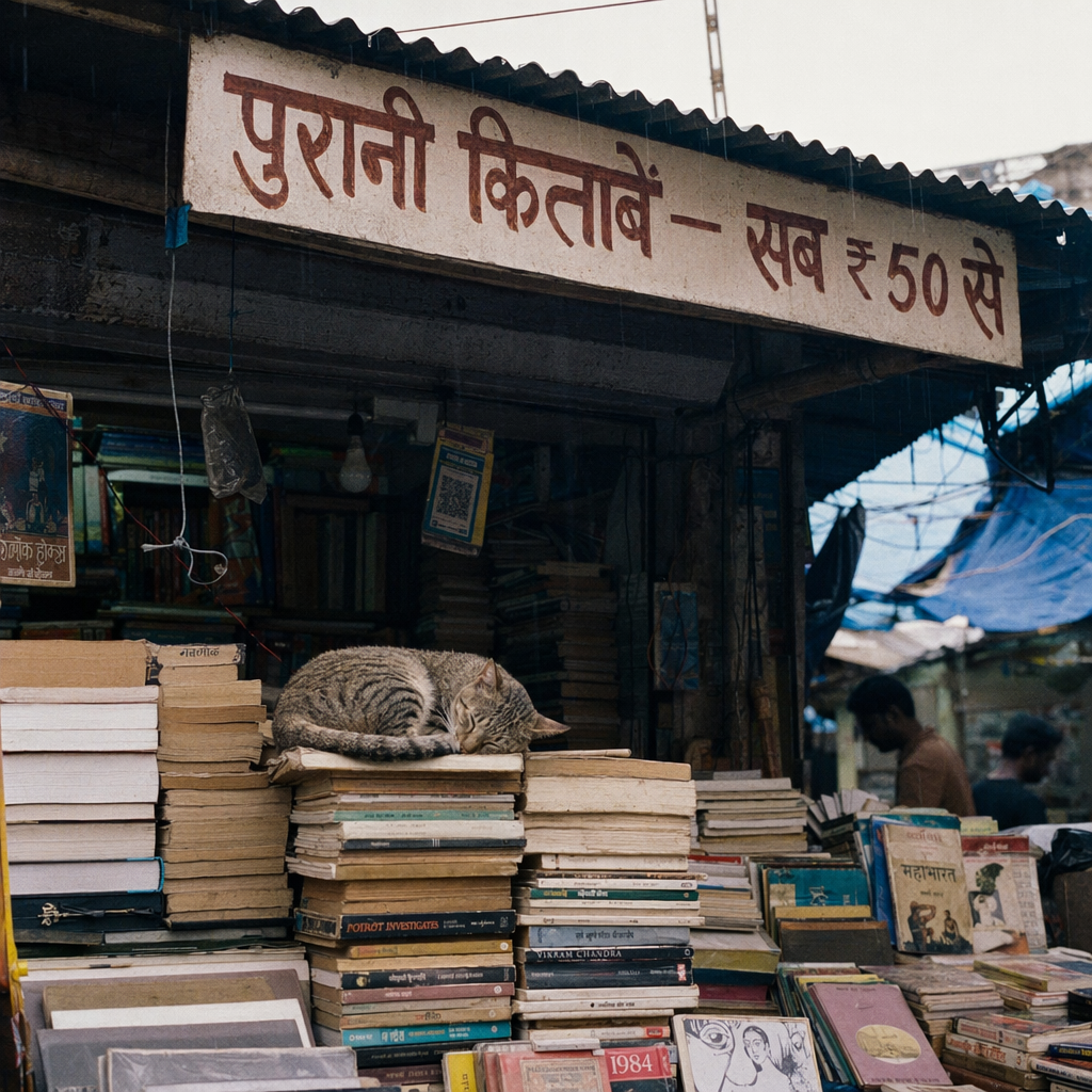 Mumbai Chor Bazaar bookstall, monsoon afternoon. Hand-lettered Devanagari board reads exactly "पुरानी किताबें — सब ₹50 से". Stacked yellowed paperbacks, a tabby cat asleep on top. Rain streaks on corrugated roof. Shot on Portra 800, 50mm, honest street-photo tone, no stylization. Hindi rendered correctly, no invented glyphs.