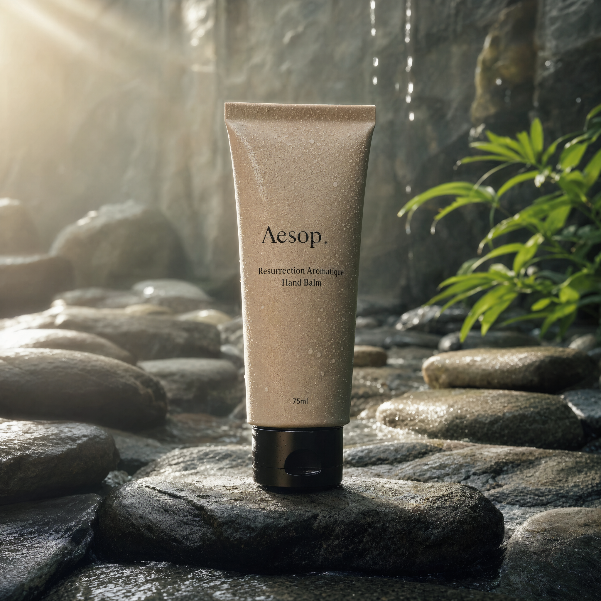Editorial product photo at 4K, 3840×2160, 3:2. A single matte-ceramic Aesop Resurrection hand balm tube standing on wet river slate, backlit at 7 AM by raking side light through a skylight. Water droplets beading on label. Label reads exactly "Aesop · Resurrection Aromatique Hand Balm · 75ml". Hasselblad X2D look, 80mm f/5.6, no retouching halo, no shadow softness — sharp pore-level texture on ceramic.