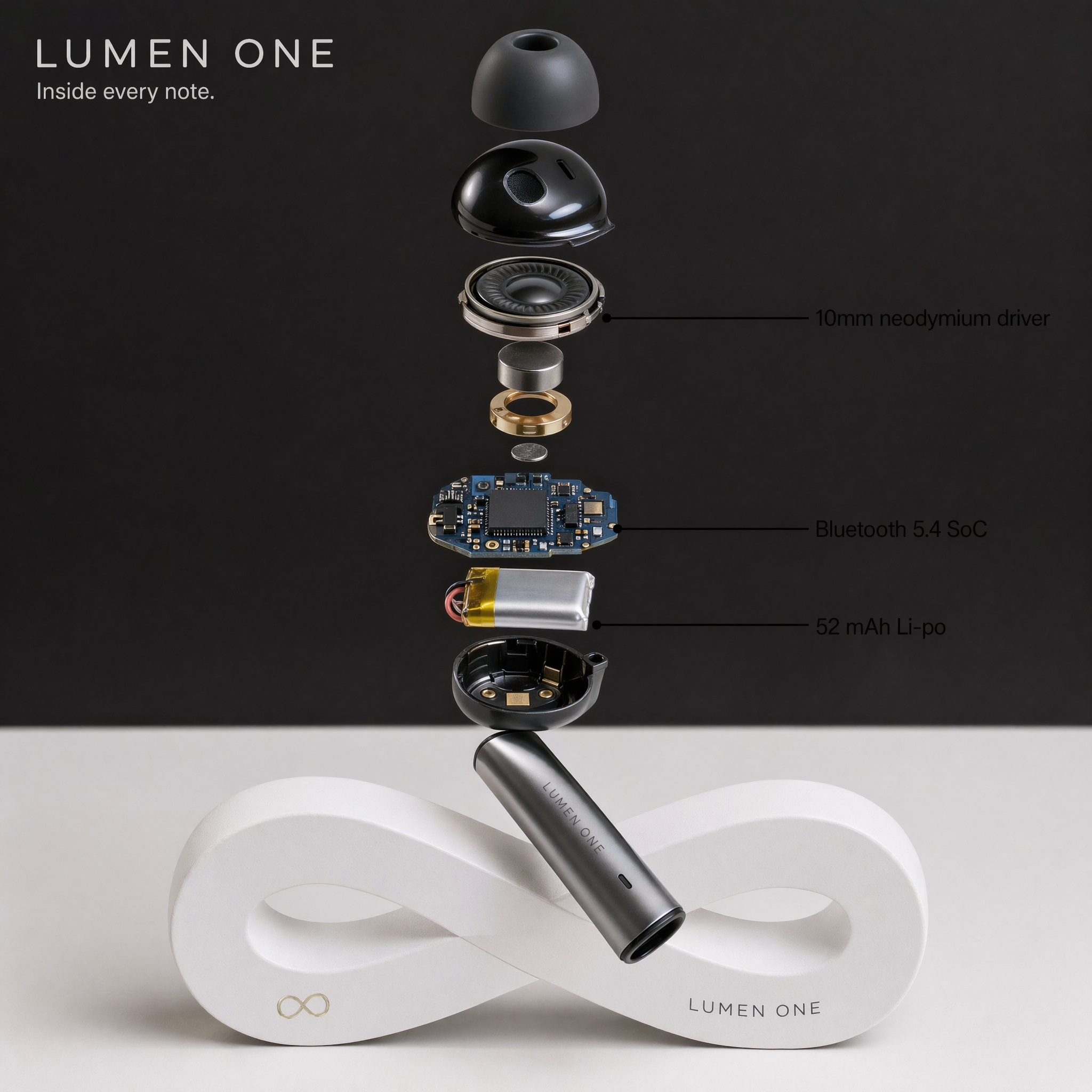 Technical product teardown illustration photographed as a physical diorama. Fictional earbuds named "Lumen One" exploded vertically above a white Infinity curve — driver, magnet, battery, chipset on PCB, silicone tip, aluminum stem. Each part hovers with a thin black leader line to a label in Inter 10pt: "10mm neodymium driver", "Bluetooth 5.4 SoC", "52 mAh Li-po". 4K sharp, soft top key light, engineering-catalog aesthetic, no drop shadows below parts.