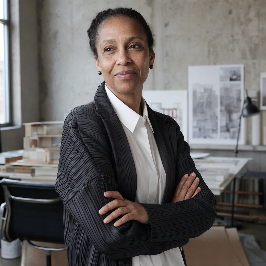 Editorial portrait for The New Yorker profile: a 58-year-old Nigerian-British architect in her office in Shoreditch, London. Dressed in a charcoal Issey Miyake pleated blazer over a white shirt. Arms crossed loosely, slight half-smile, looking past camera. North-facing window light, concrete walls, Eames chair partially visible. Medium-format (Fujifilm GFX), 80mm f/2, 4:5. Honest skin texture, visible pores and fine lines, no retouching, no glamour lighting.