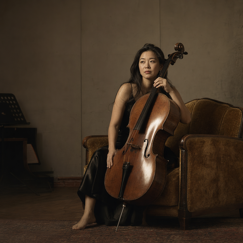 Editorial cover portrait, single warm tungsten key light at 30° camera-left with deep shadow side. A 34-year-old South Korean cellist holds her 1840 Vuillaume cello by the neck, seated on a worn velvet armchair in a Seoul rehearsal studio. Bare feet, black silk dress, hair undone, resting gaze past camera. Hasselblad H6D 100c medium-format look, 110mm f/2.8, 4:5. Magazine cover composition with top-third negative space reserved for masthead but render no text. Honest skin texture, no retouching, no glamour filter.