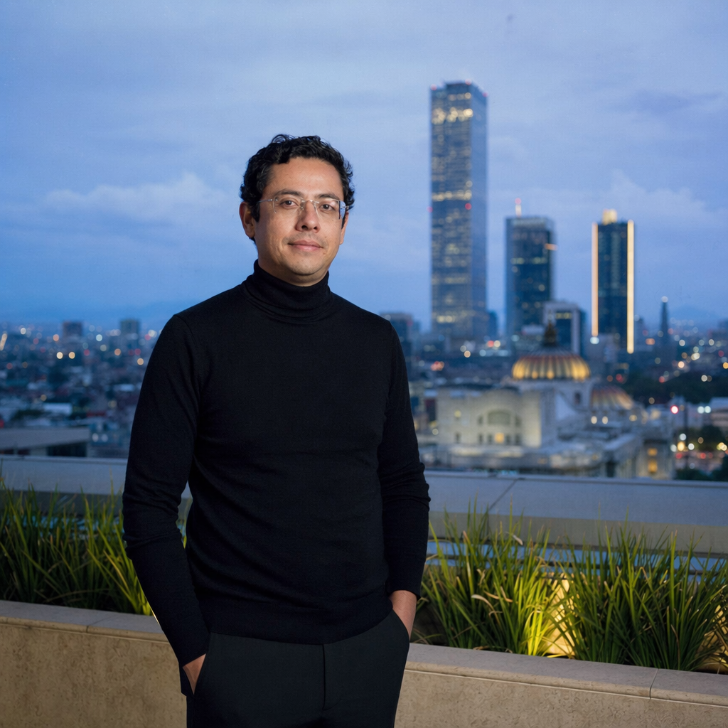 Financial Times weekend profile headshot: a 41-year-old Mexican fintech founder on the rooftop of his Mexico City HQ at blue hour. Wearing a black turtleneck, rimless glasses, hands in pockets. City skyline soft in background with Torre Reforma visible. Kodak Ektar 100 look, 50mm f/2, natural skin tones, subtle catchlight in eyes. No studio lighting, no retouching beyond dust spots.