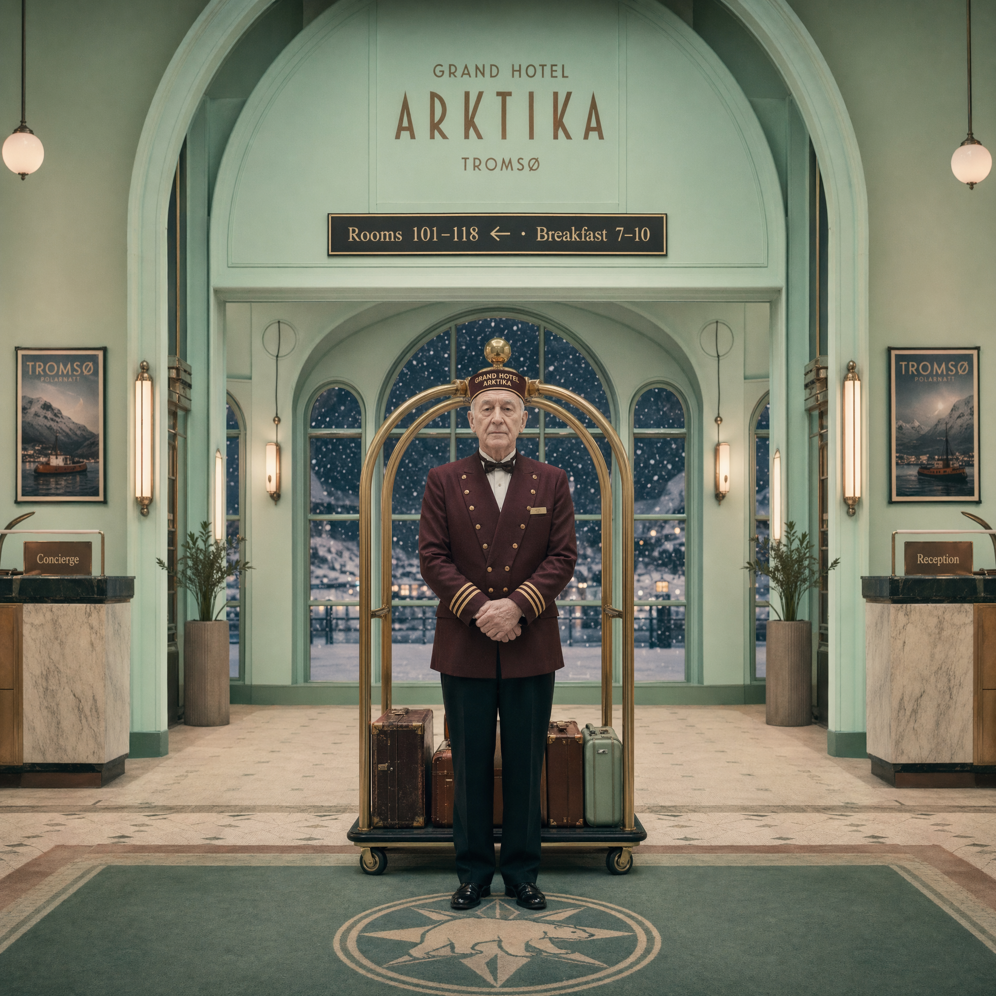 One-point-perspective symmetrical composition, pastel mint palette, center-aligned composition in the tradition of mid-century European cinema. Interior of a fictional hotel named "Grand Hotel Arktika" in Tromsø during polar night. Brass luggage rack dead center frame, elderly concierge in burgundy uniform standing symmetrically center. Snow drifting visible through arched window. Wall placard behind reads exactly "Rooms 101–118 ← · Breakfast 7–10". 16:9, Panavision Panaflex cinematography look, symmetrical to one pixel, soft pastel grading.