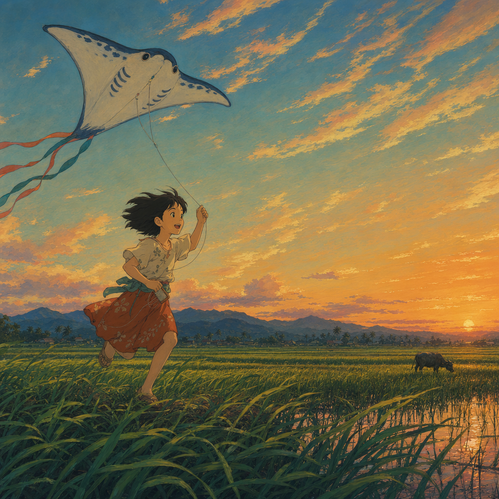 Studio Ghibli-inspired but original: a girl, age 11, running across a wind-bent rice paddy at dusk carrying a paper kite shaped like a manta ray. Cirrus cloud wisps catching last orange light, one water buffalo in the distance. Hand-painted cel look with soft gouache skies, no digital gradient banding. 16:9, no Ghibli watermarks or existing characters — original design.