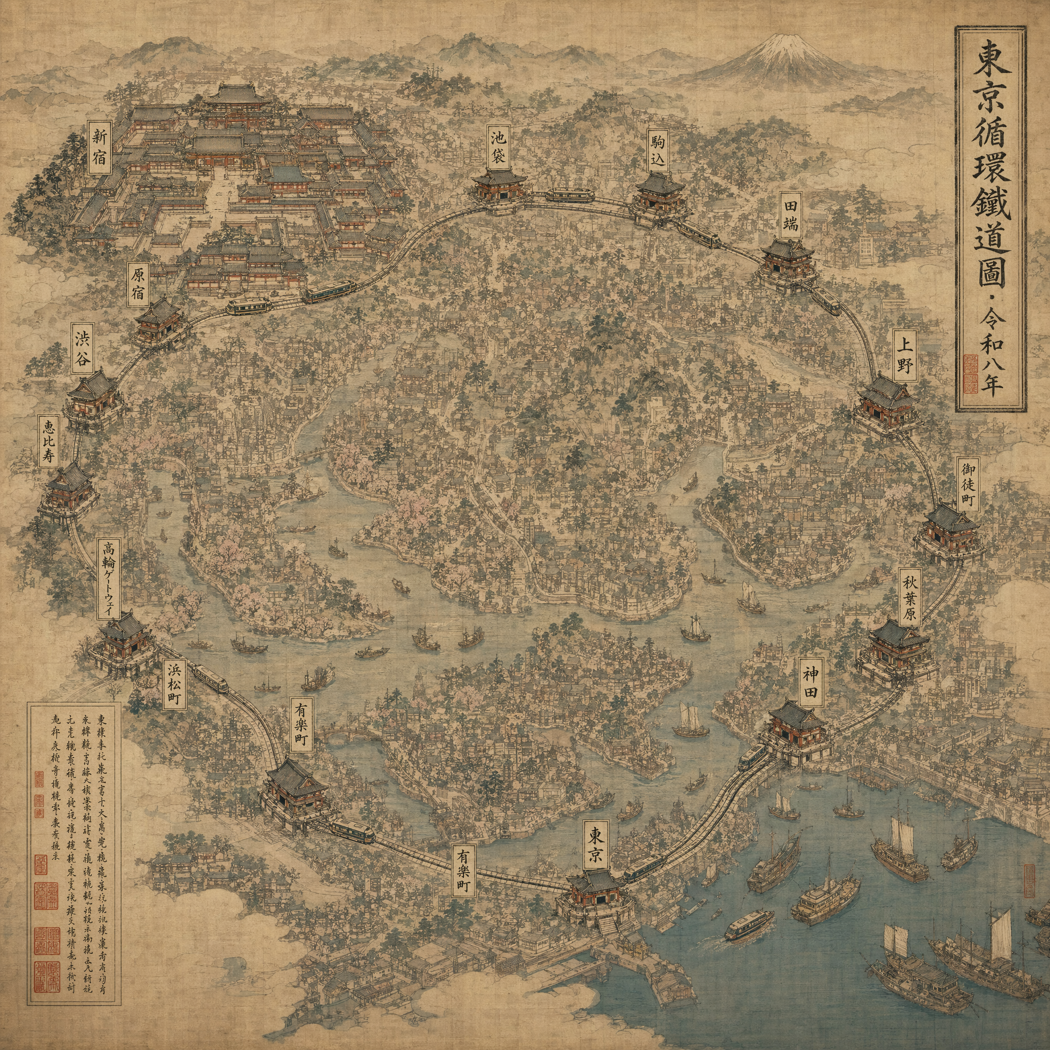 Dense Song Dynasty-styled scroll painting reimagined as a modern city map of Tokyo's Yamanote line, ink wash on aged silk. Stations rendered as miniature pavilions, trains as boats, Shinjuku as the largest temple complex. Calligraphic cartouche top-right reads exactly "東京循環鐵道圖 · 令和八年". 3840×2160, museum-archive print quality, no modern type, brush-stroke texture visible at full crop.