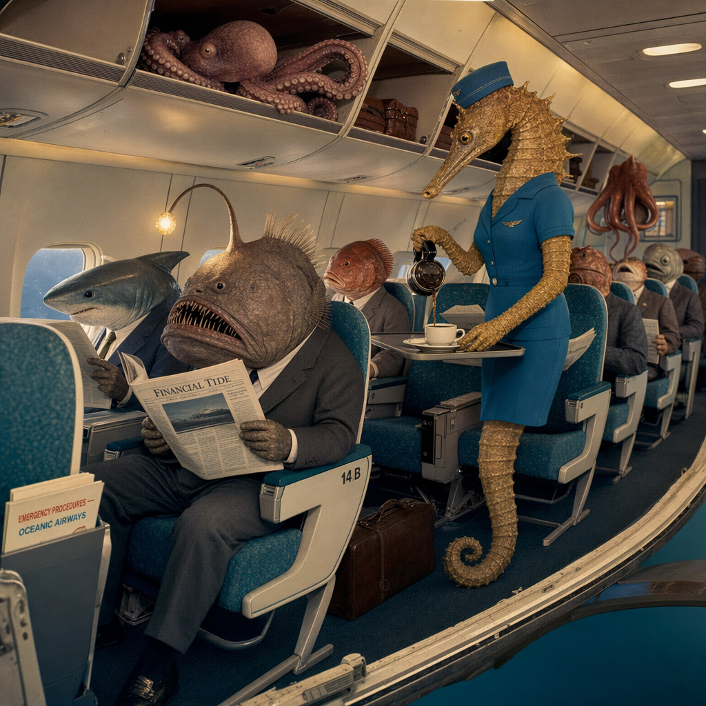 Surreal single frame: a cross-section of a 1960s airliner cabin, but passengers are all deep-sea creatures in business attire reading newspapers. Anglerfish in aisle seat 14B, octopus tucked into overhead bin, seahorse flight attendant pouring coffee. Kodachrome color, magazine-ad composition, 3:2. Small safety card pocket shows exactly: "EMERGENCY PROCEDURES — OCEANIC AIRWAYS". One frame, no collage, seamless scene.