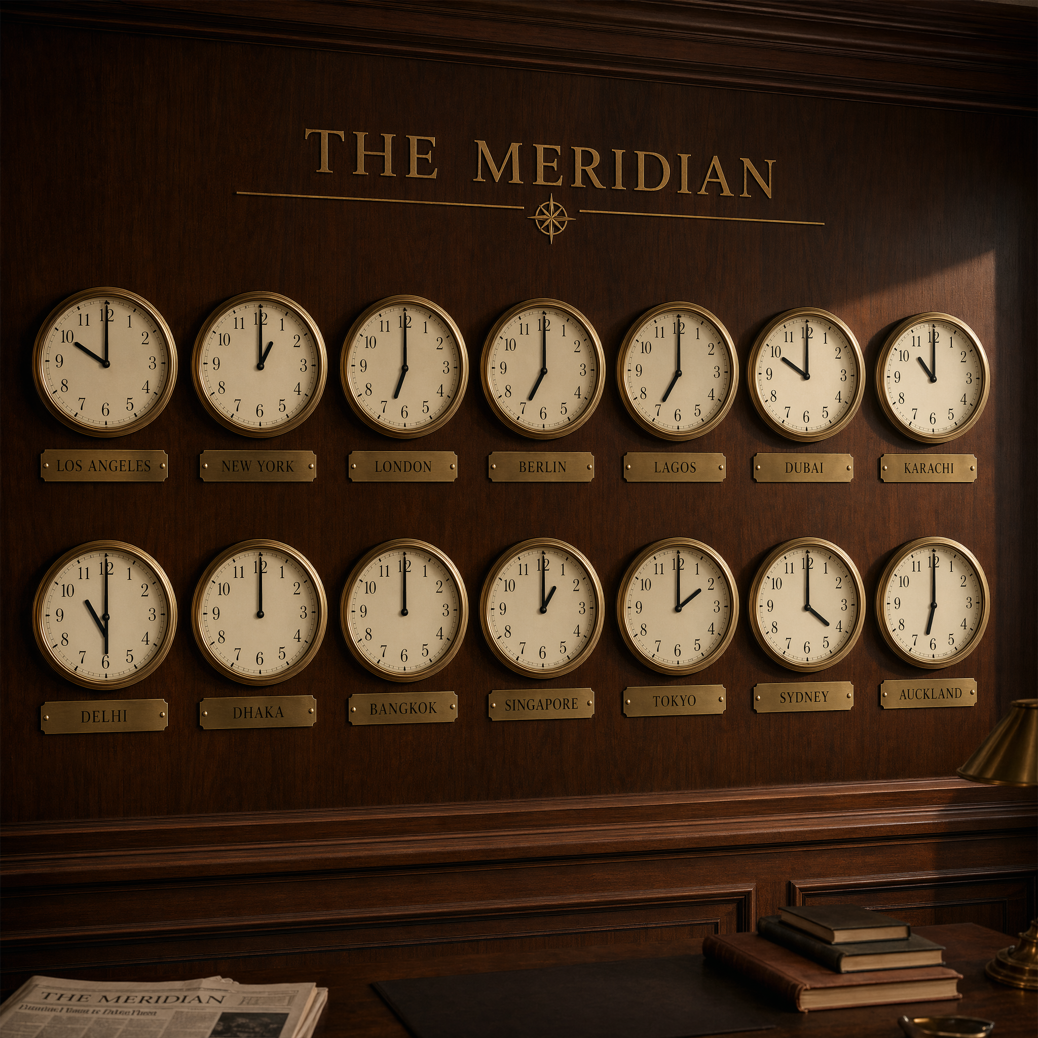 World-clock wall for a fictional newsroom named THE MERIDIAN. 14 brass-rimmed analog clocks in a 7×2 grid on walnut panel, each with a brass nameplate beneath. Clocks show the correct simultaneous time when it is 10:00 AM in Los Angeles — so New York 13:00, London 18:00, Berlin 19:00, Lagos 19:00, Dubai 22:00, Karachi 23:00, Delhi 23:30, Dhaka 00:00, Bangkok 00:00, Singapore 01:00, Tokyo 02:00, Sydney 04:00, Auckland 06:00. Nameplates engraved in 12pt Copperplate, legible at full res. 16:9, museum side light.