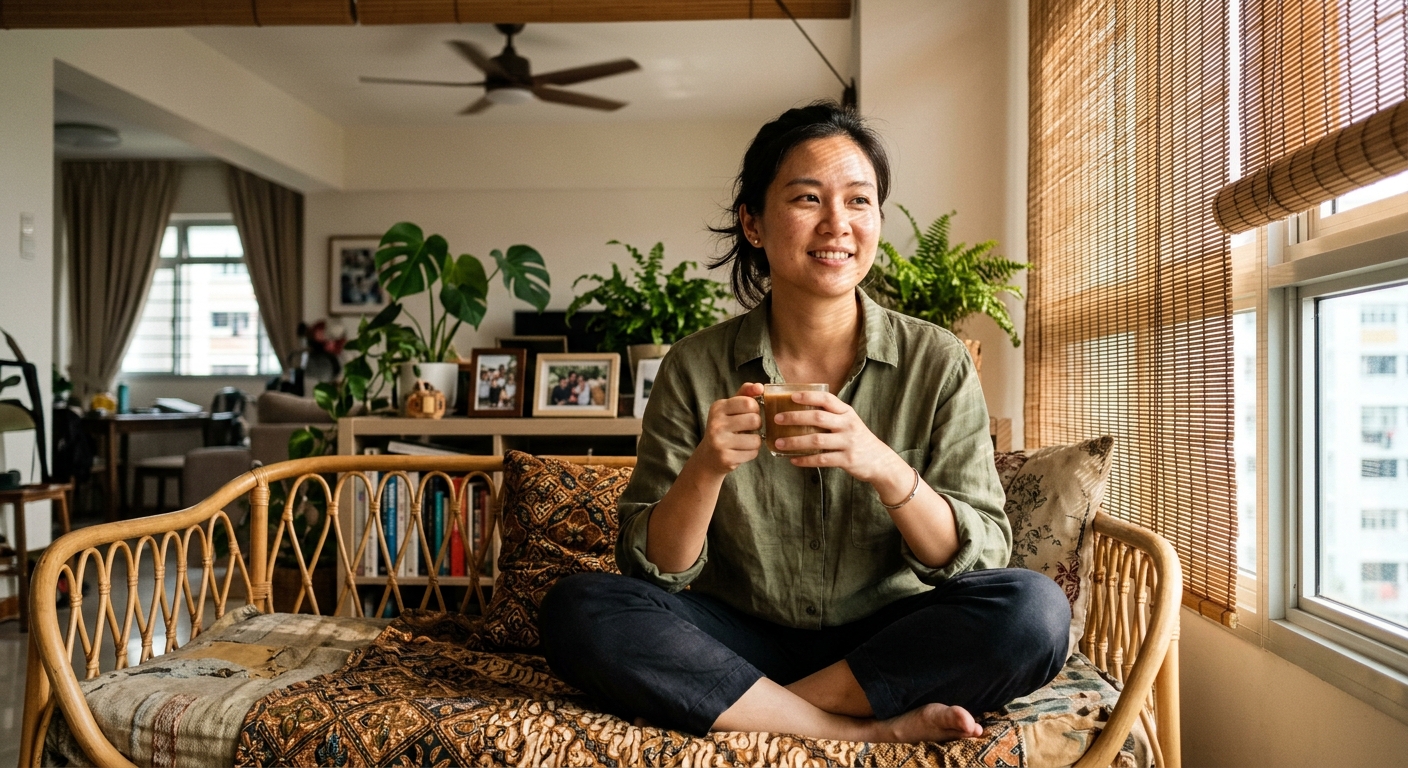 A 32-year-old Singaporean woman in a linen shirt sitting cross-legged on a rattan daybed at 4 PM, tropical light filtering through bamboo blinds onto her face, holding a cup of kopi tarik. Ceiling fan slowly rotating, hints of HDB apartment interior visible. Shot on Fuji X100V, 23mm f/2, honest skin texture with visible pores, no retouching, natural expression looking slightly off-camera.