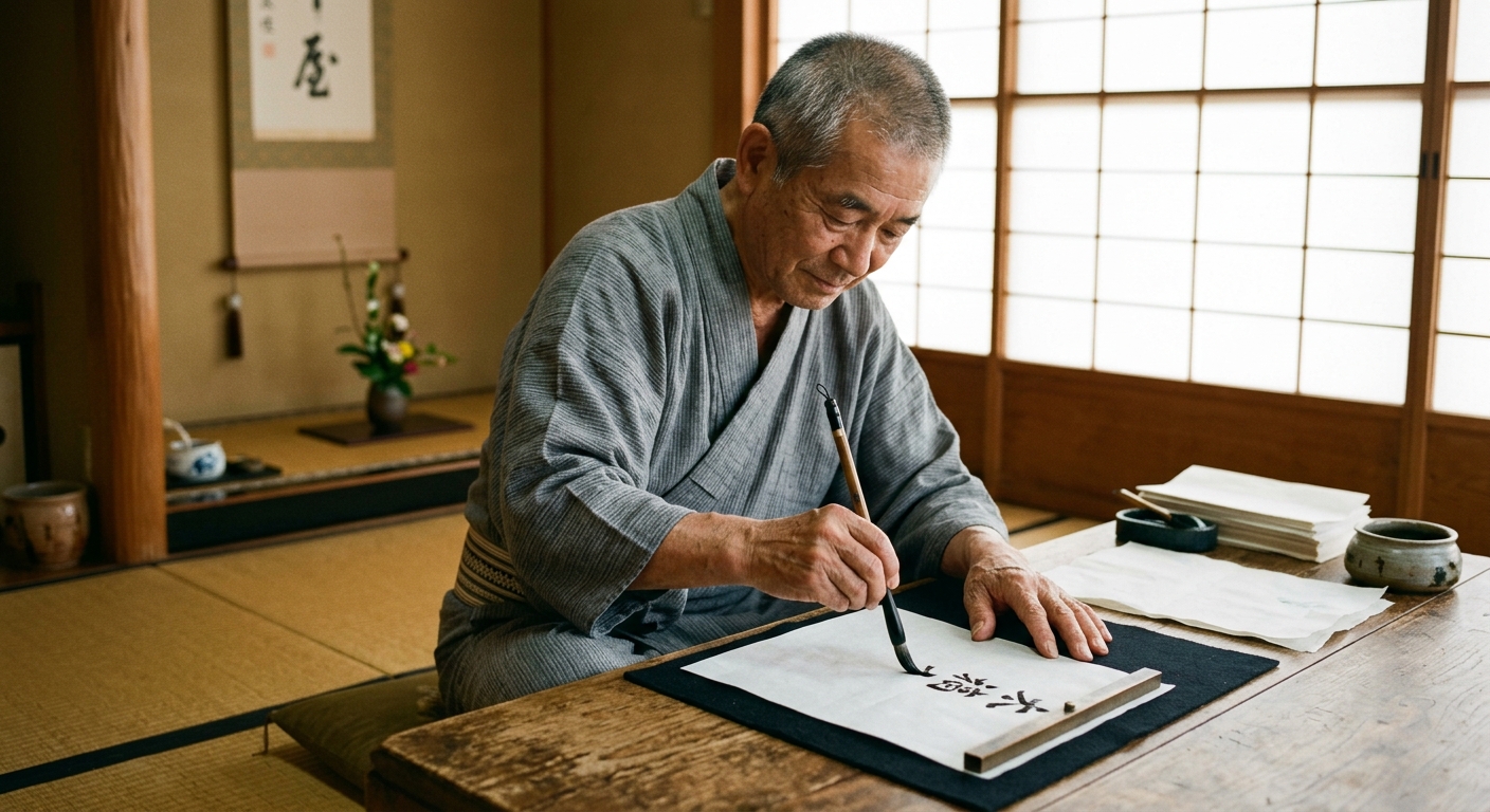 A 70-year-old Japanese grandfather in a grey yukata sitting at a low wooden table in a traditional Kyoto machiya, calligraphy brush in hand, writing characters on washi paper. Tatami floor, shoji screens diffusing afternoon light. His weathered hands in sharp focus. Kodak Portra 400 aesthetic, 50mm f/2.8, shallow DoF. Respectful documentary framing, no caricature.