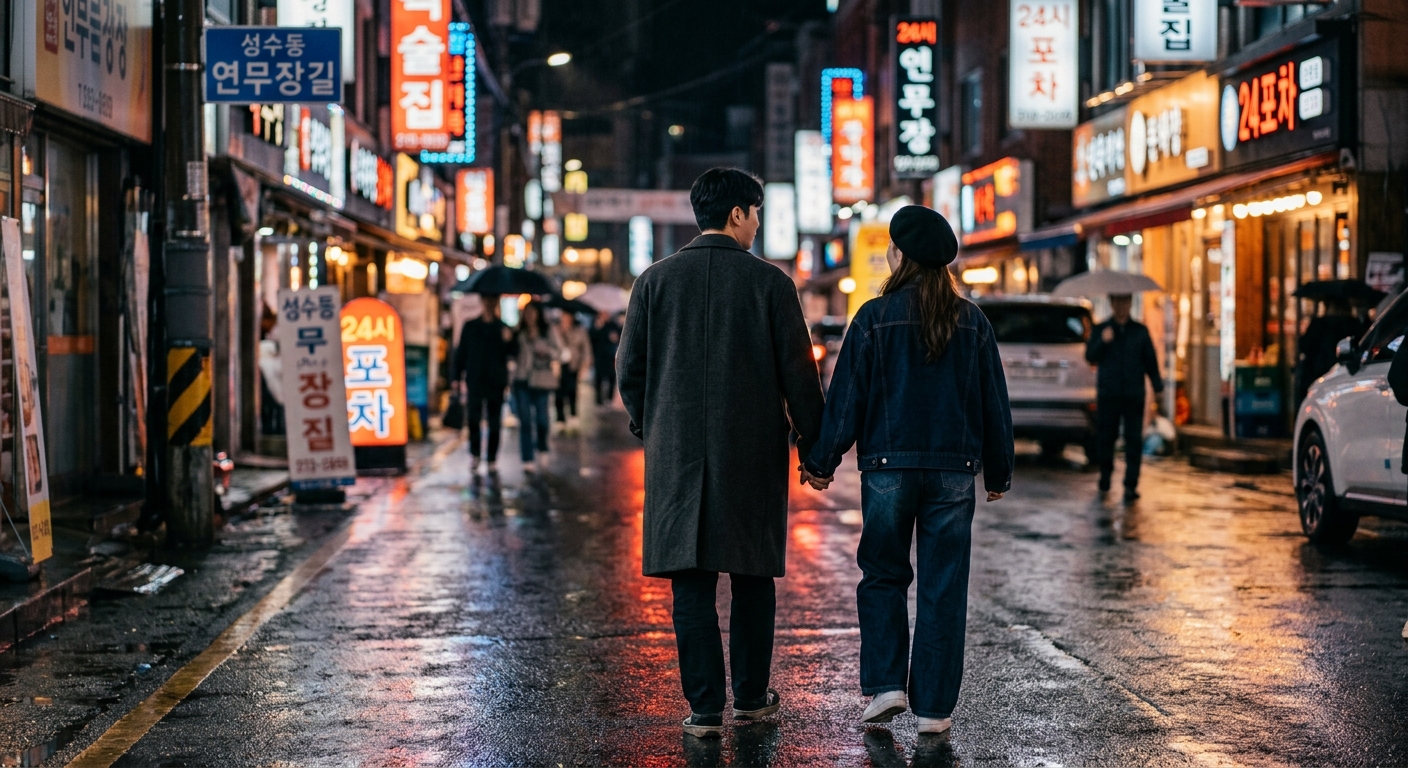 A young Korean couple in their late 20s walking hand-in-hand through Seongsu-dong at night, neon signs reflecting off wet pavement after a light rain. He's in a boxy wool coat, she's in oversized denim and a beret. Shot from behind, medium-telephoto 85mm, shallow DoF so background bokehs into warm reds and blues. Candid street photography mood, no posed smiles.