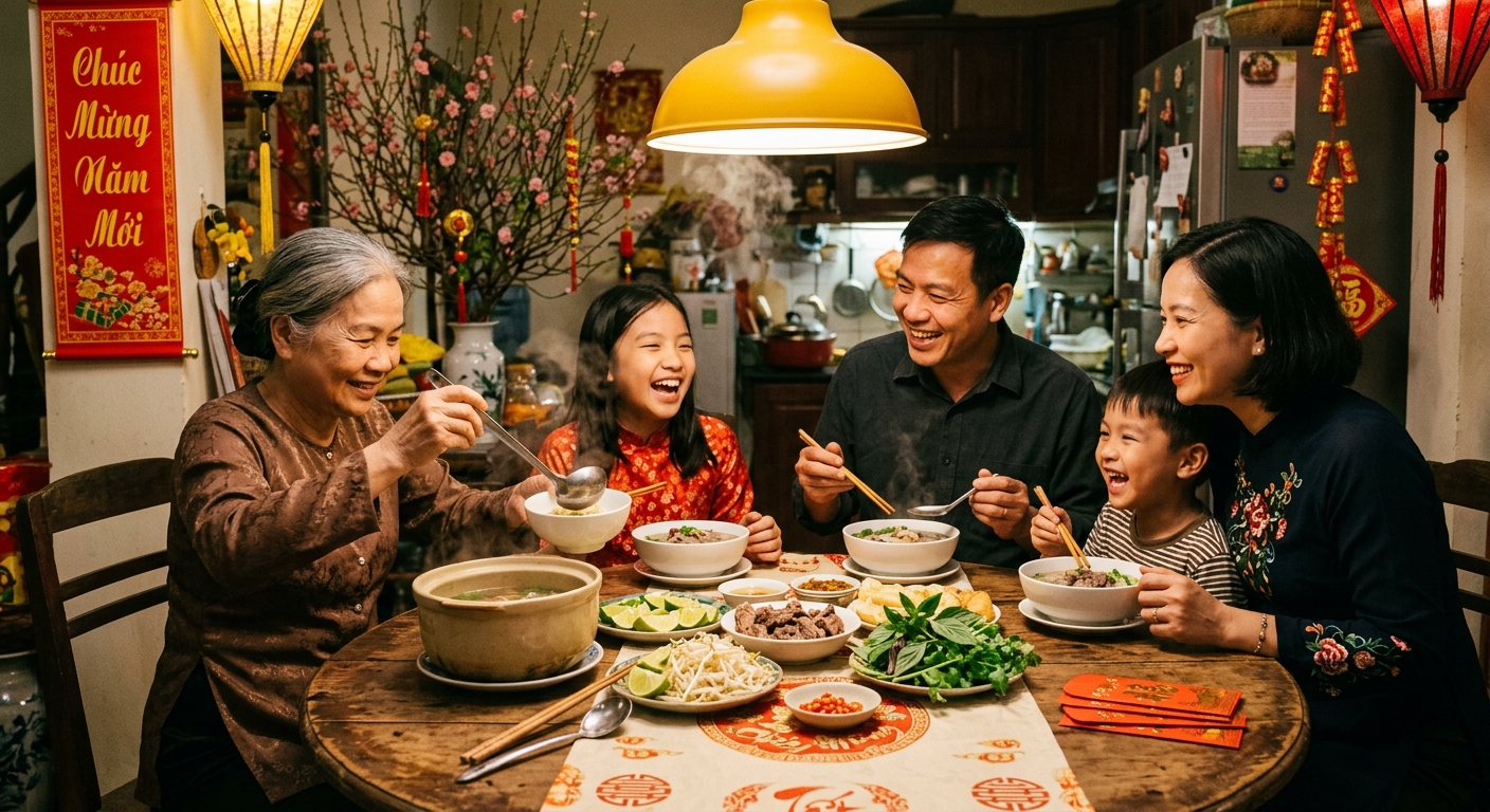 Three generations of a Vietnamese family gathered around a round wooden table for Tết dinner: grandmother ladling phở, two parents in their 40s, two children (8 and 12) laughing at a joke. Overhead pendant lamp casts warm yellow light. Visible steam from bowls, condiments (lime, bean sprouts, basil), red lunar envelopes on table edge. Natural family portrait, not staged, everyone mid-gesture.