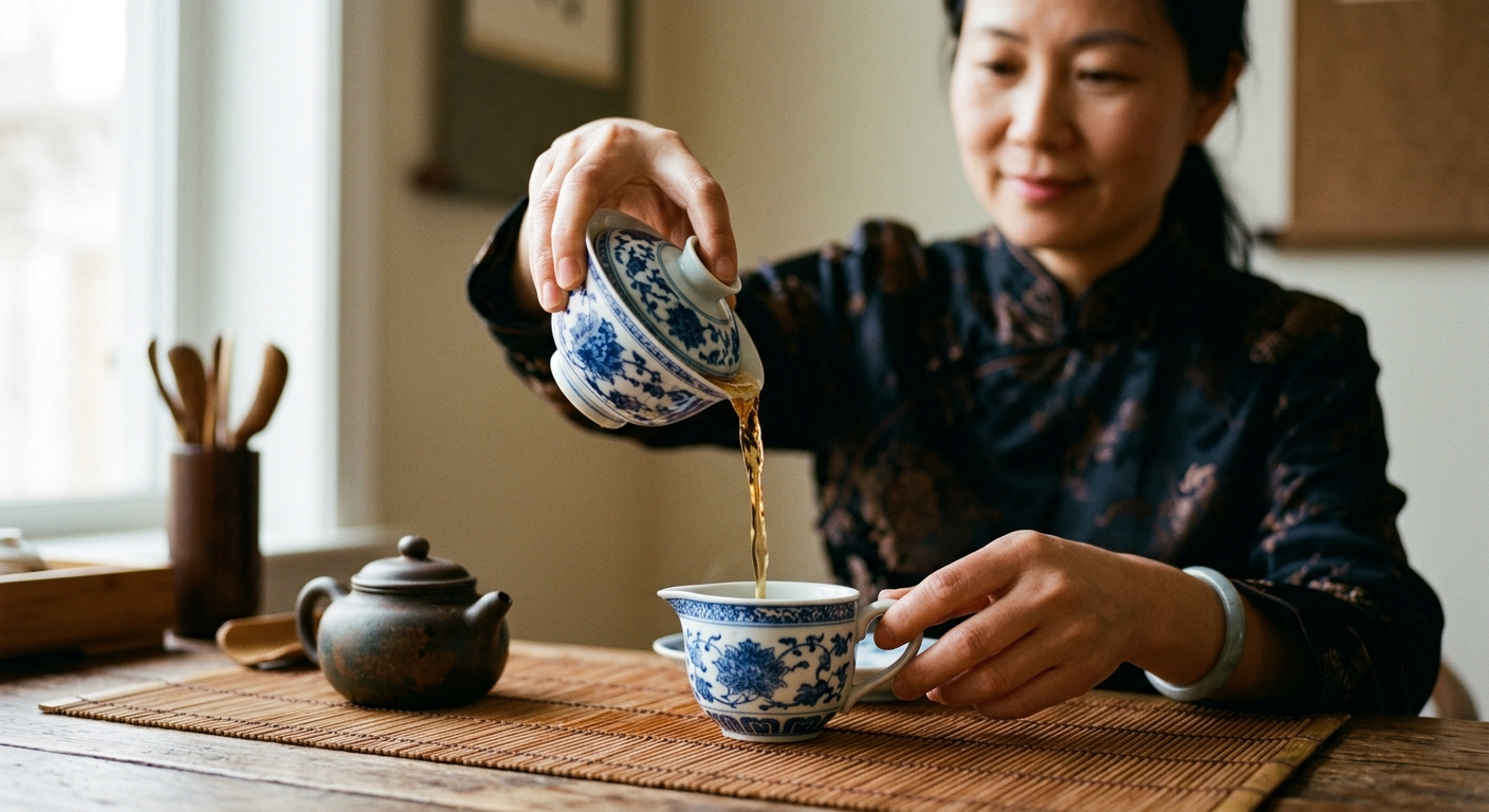 A Chinese tea ceremony host in her 40s pouring oolong from a gaiwan into a fair cup, captured mid-pour with a thin amber stream visible. Close-up composition, her hands and the teawares in focus, face softly out of focus in background. Subtle clay teapot visible. Shot with Hasselblad look, 80mm macro f/4, even window light. Material textures (clay, ceramic, bamboo mat) preserved at 4K detail.