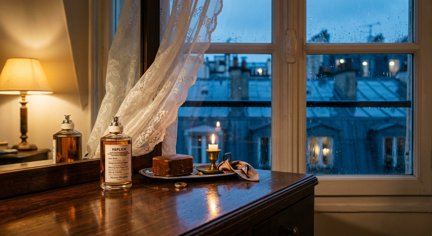 A pair of Maison Margiela Replica 'Jazz Club' perfume bottles on a dark walnut vanity inside a Parisian apartment at blue hour. Open window behind showing rainy rooftops, lace curtain partially blown by breeze. Reflections of bottle glass on the lacquered surface. Kodak Portra 800 look, 50mm f/1.8, warm tungsten lamp fill from left. Product visible and legible but not isolated — lives in the scene.