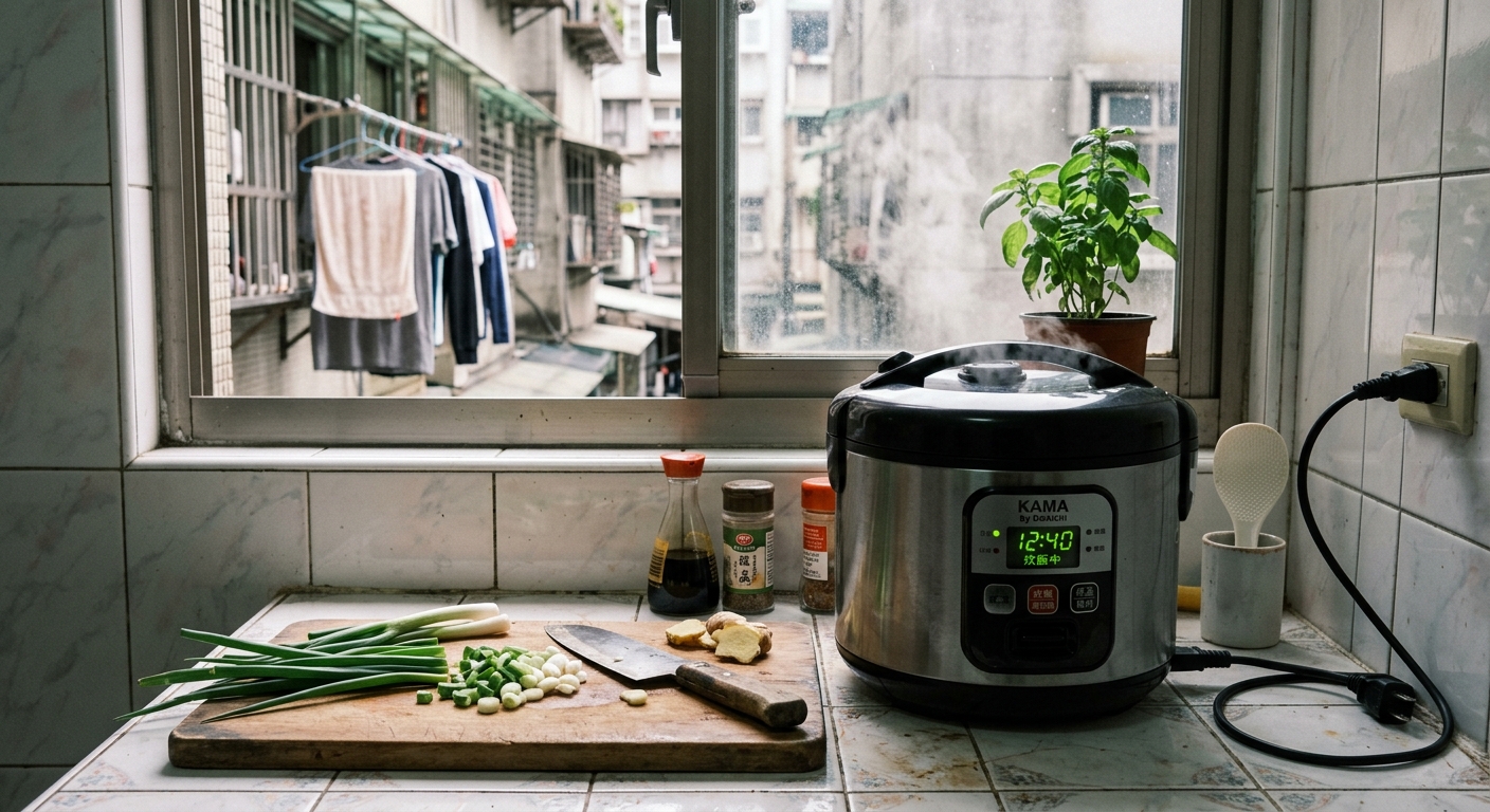 A stainless steel rice cooker (fictional brand 'KAMA by Daikichi') on a small apartment kitchen counter in Taipei, steam rising from its vent, green LED display reading exactly '12:40 · 炊飯中'. Cutting board nearby with spring onions and ginger, small window above showing laundry on a neighbor's balcony. Midday light, Fujifilm X-T5 look, 35mm f/2.8, lived-in feel. No pristine magazine retouching.