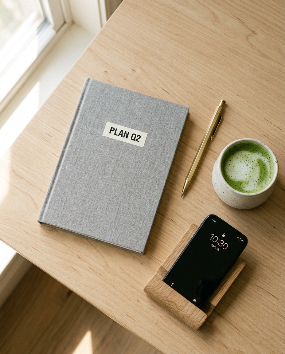 A Muji-style minimalist desk set — grey linen notebook labeled exactly 'PLAN Q2', brass mechanical pencil, ceramic cup of matcha, and a smartphone propped on a small wooden stand. Overhead flatlay, natural daylight from a window to the left casting soft shadows. No hands in frame. 4:5 aspect, editorial, crisp but not cold. Preserve the label text pixel-sharp.