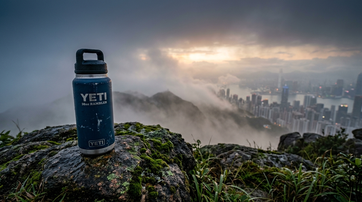 A hiker's Yeti Rambler bottle sitting on a moss-covered granite rock at the summit of a misty Hong Kong peak, dawn light starting to push through the fog. Bottle logo visible but slightly weathered. Dew on the cap. In the distance, faint outlines of the city skyline below the fog layer. 16:9, Sony A7 IV, 24mm f/4, landscape-product hybrid composition.