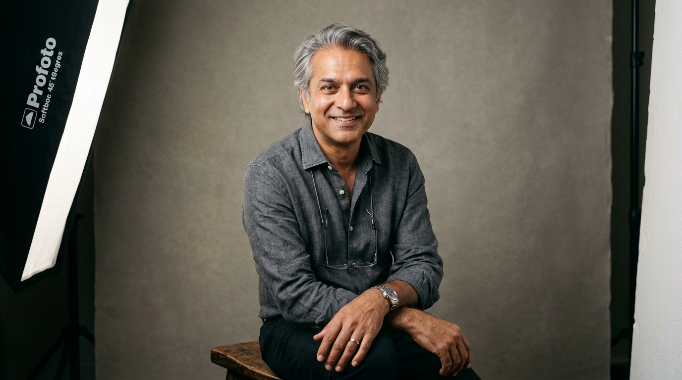 Studio portrait of a 55-year-old Indian-British architect in a charcoal linen shirt, soft salt-and-pepper hair swept back, sitting on a stool against a warm-grey seamless backdrop. Single Profoto softbox at 45° camera-left, fill card on right. Medium-format camera look, 110mm f/5.6, skin texture crisp with visible pores, small smile crinkles around eyes. Professional editorial portrait for a design magazine cover. No plastic-smooth retouching.