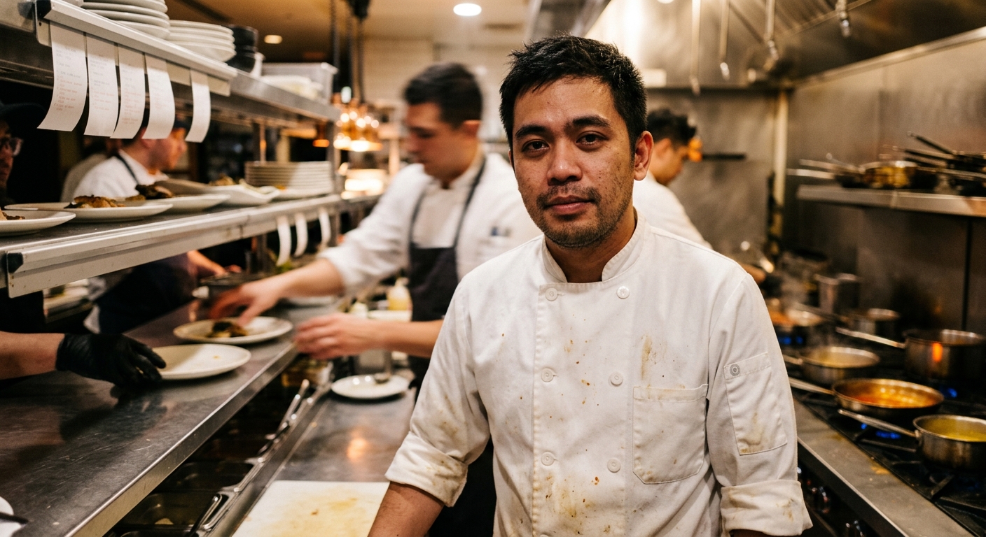 A 28-year-old Filipino-American chef in a white double-breasted coat, slightly stained from service, standing in the pass of a busy restaurant kitchen during dinner rush. Shallow DoF with his face sharp, blurred cooks and warm kitchen lights behind him. Direct to-camera gaze, exhausted but proud. Shot with a Leica Q3, 28mm f/2, candid photojournalism tone. No staged lighting.