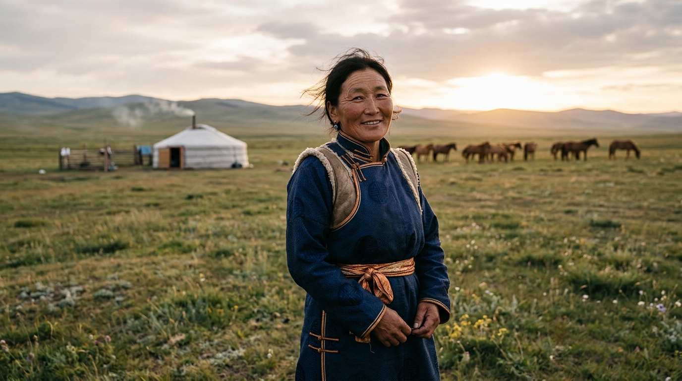 Environmental portrait of a 45-year-old Mongolian herder woman in traditional deel robe standing on a grassland, gentle breeze moving her hair. Distant yurt and grazing horses visible behind her, low sun. She has weathered sun-tanned skin with laugh lines, kind expression looking just past camera. Fujifilm GFX medium format, 80mm f/2.8, honest skin, soft cloud-diffused light, landscape-portrait hybrid.