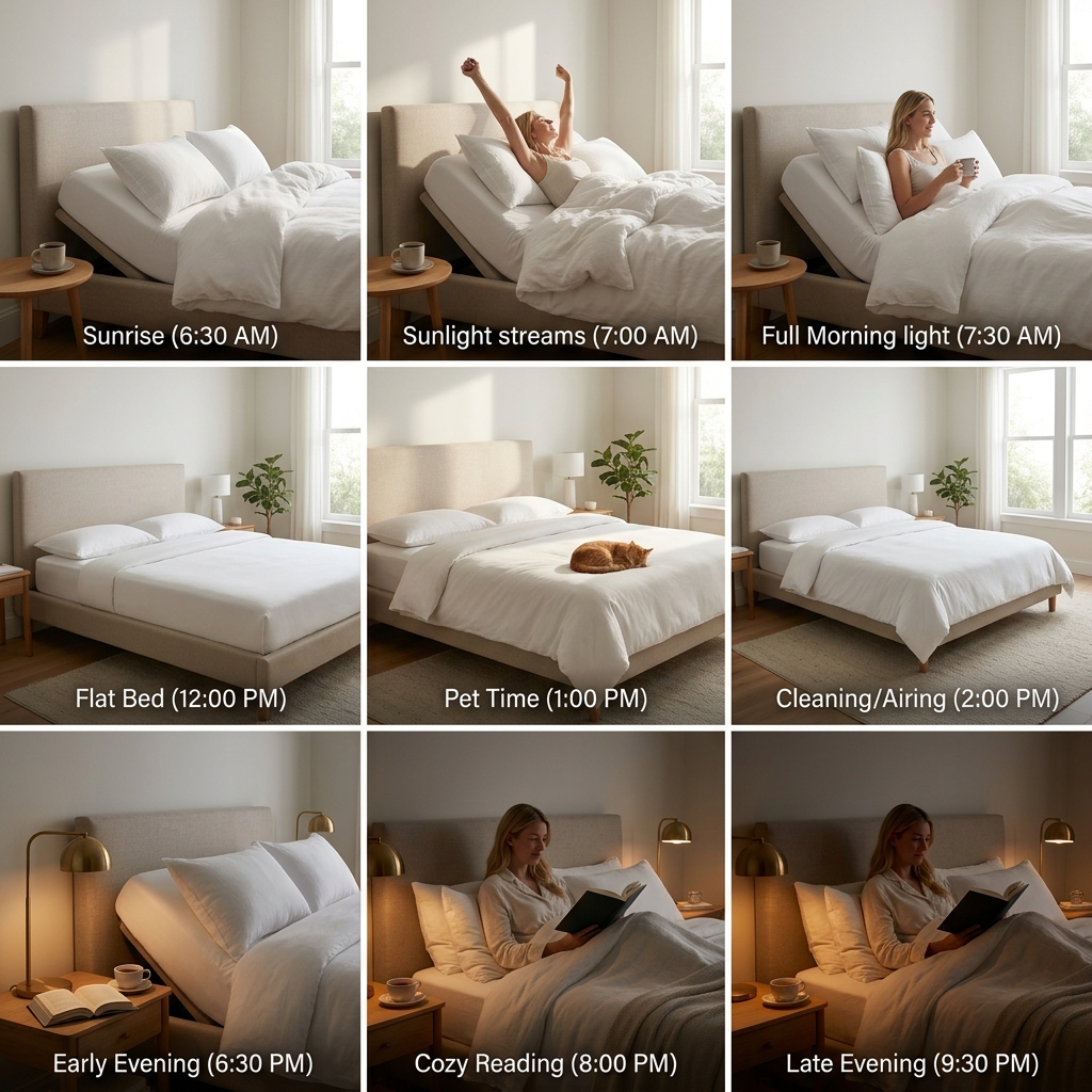 A 3×3 grid storyboard photo showing a single day in the life of a modern luxury smart adjustable bed. Row 1 (morning): sunrise wake-up gradually tilting headrest up, coffee on side table, fluffy duvet. Row 2 (midday): bed reset to flat for mattress airing, pet curled on end. Row 3 (evening): reading mode propped up, warm bedside lamp, book and tea visible. Cohesive palette: warm neutrals, soft linens. Each tile 1:1, subtle borders, editorial e-commerce style. Same bedroom throughout, consistent lighting evolution.