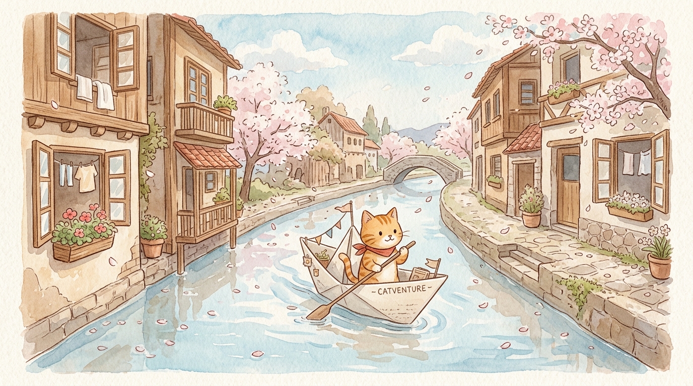 Children's book illustration of a small orange tabby cat riding a paper boat down a quiet canal, watercolor style on cream textured paper. Soft washes of pale blue water, warm sepia houses on both banks with wooden windows open, a few cherry blossom petals drifting. Whimsical but grounded, in the spirit of Studio Ghibli but original. No existing characters. 16:9.