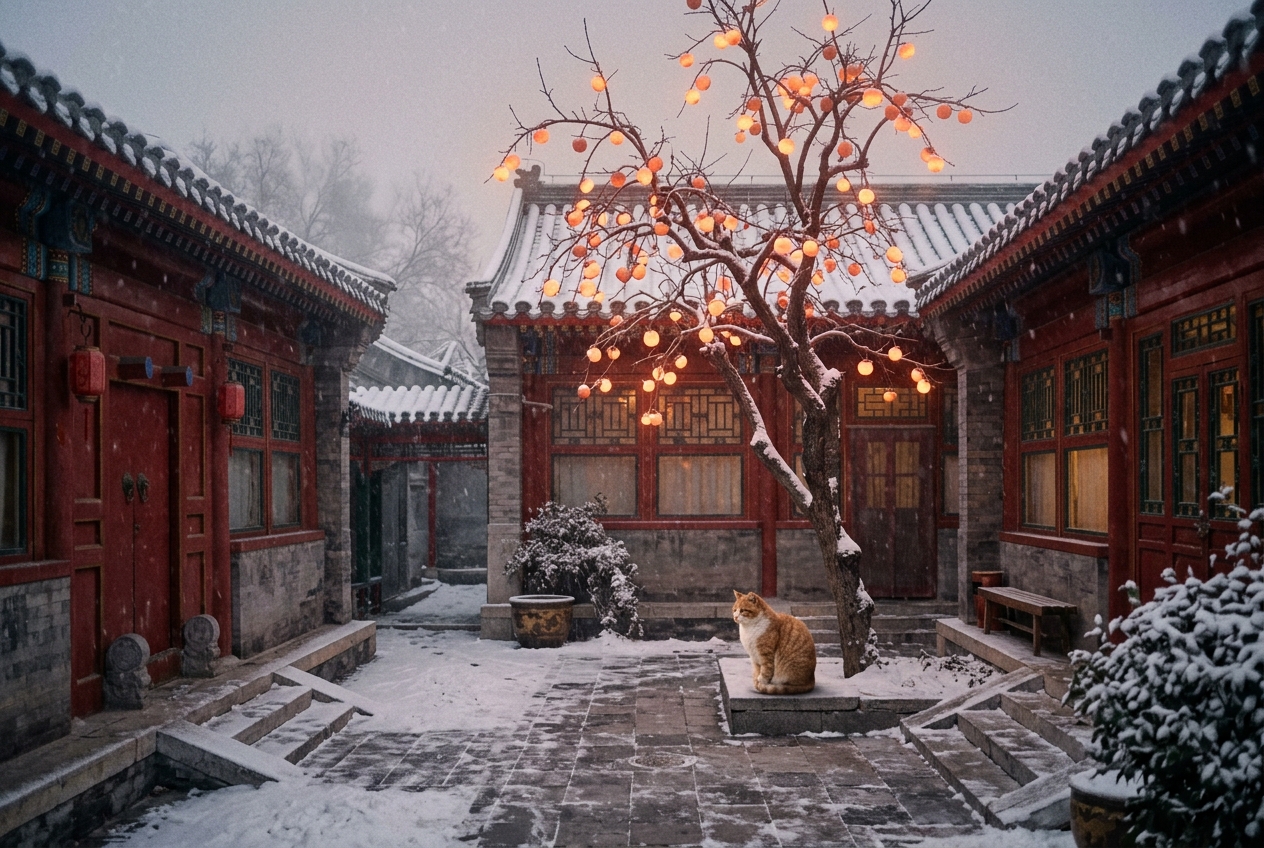 A dreamlike surrealist scene: a Beijing hutong courtyard in winter where the persimmon tree's fruits are glowing like paper lanterns. Snow dusting the grey tiled rooftops, an old cat sitting very still under the tree. Soft-focus, painterly. Color palette: faded crimson, slate grey, warm amber. Feels like a still frame from a Chinese art film. 3:2.
