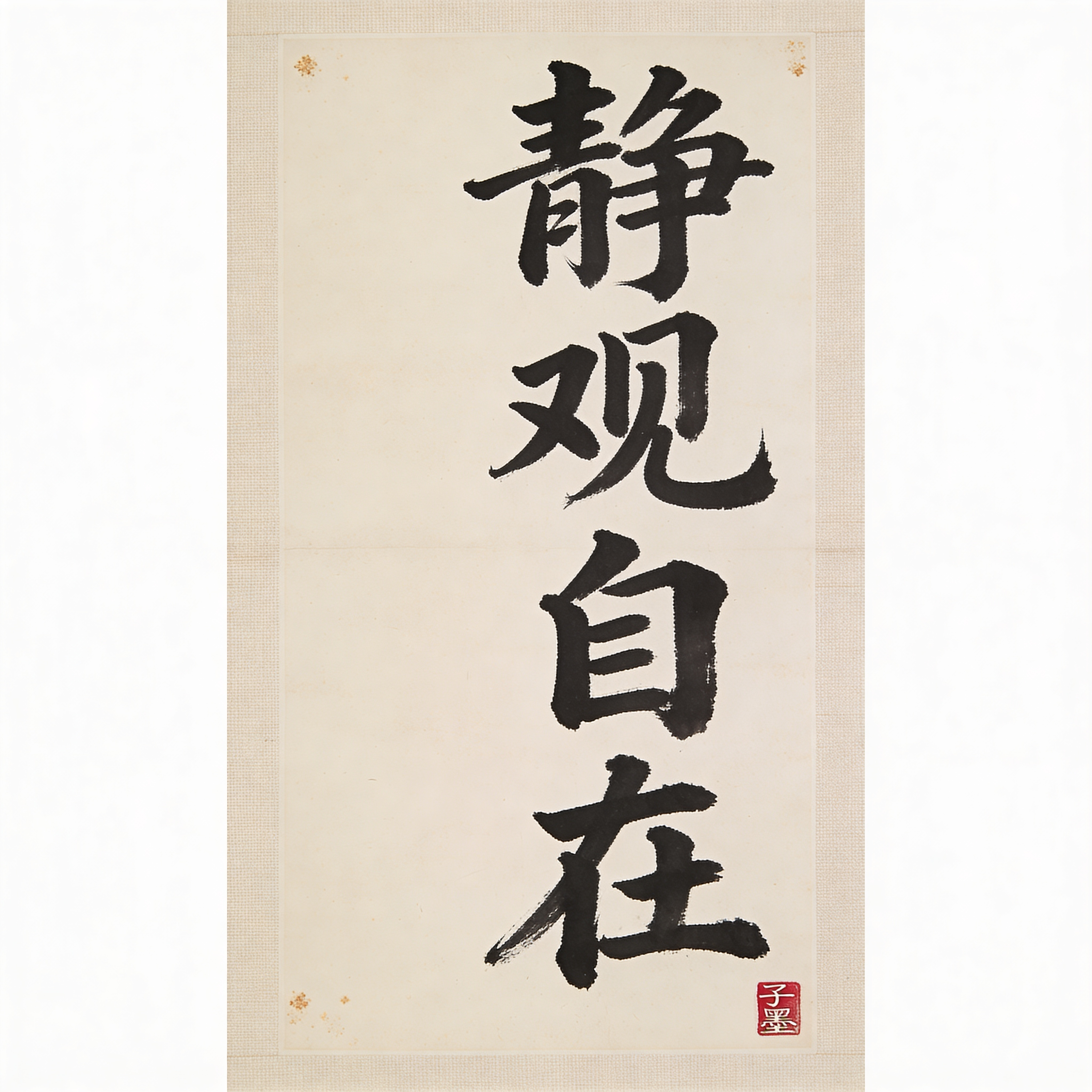 Traditional Chinese ink-wash scroll on aged xuan paper, portrait orientation. Four large regular-script characters center-aligned vertically read exactly "静观自在" in deep sumi black with subtle ink bleed. Small red seal bottom-right reads exactly "子墨". Faint fiber texture in the paper, tiny foxing marks at corners. Museum-archive reproduction quality, 16:9 crop inside a neutral linen mat frame. No added characters, correct stroke order rendering.