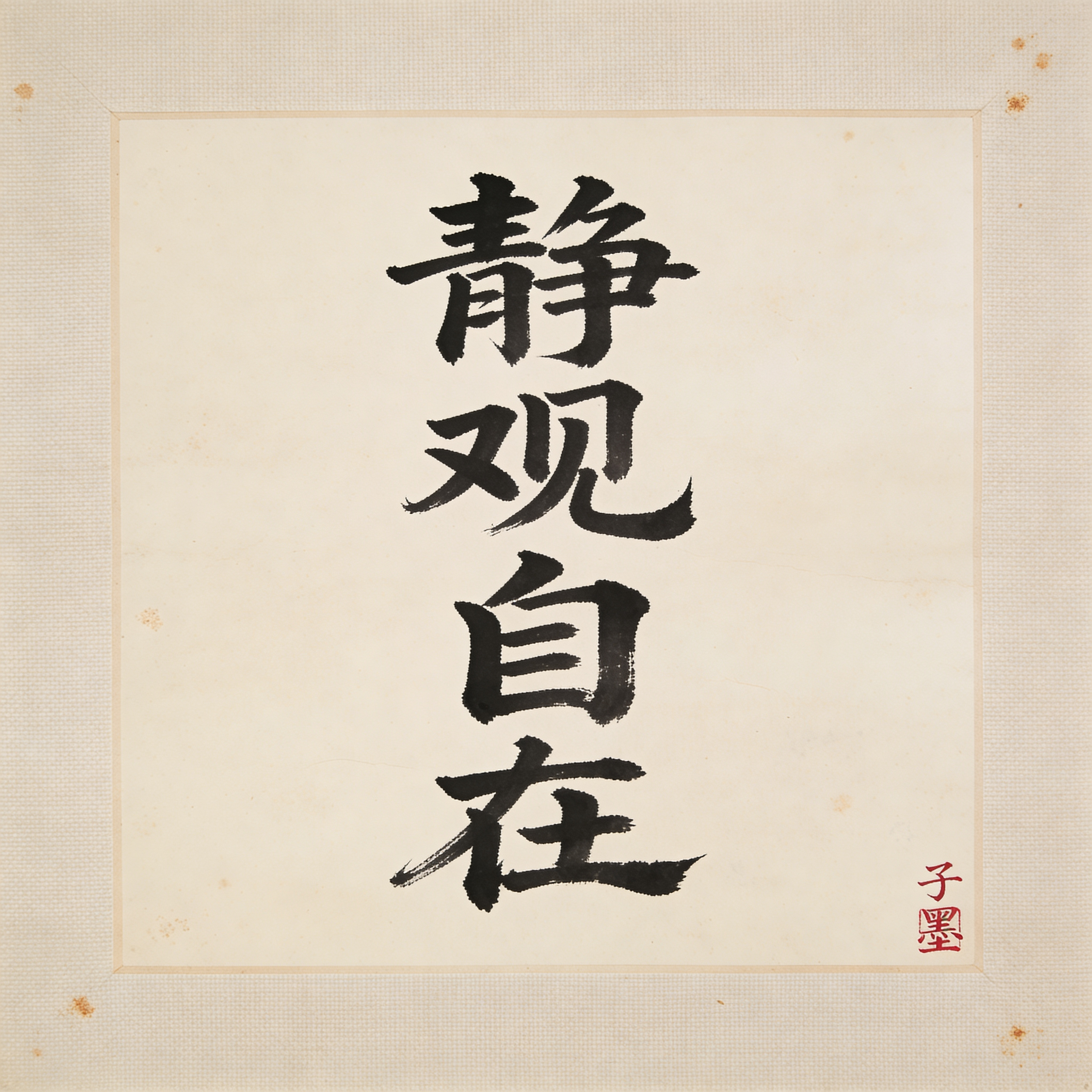 Traditional Chinese ink-wash scroll on aged xuan paper, portrait orientation. Four large regular-script characters center-aligned vertically read exactly "静观自在" in deep sumi black with subtle ink bleed. Small red seal bottom-right reads exactly "子墨". Faint fiber texture in the paper, tiny foxing marks at corners. Museum-archive reproduction quality, 16:9 crop inside a neutral linen mat frame. No added characters, correct stroke order rendering.