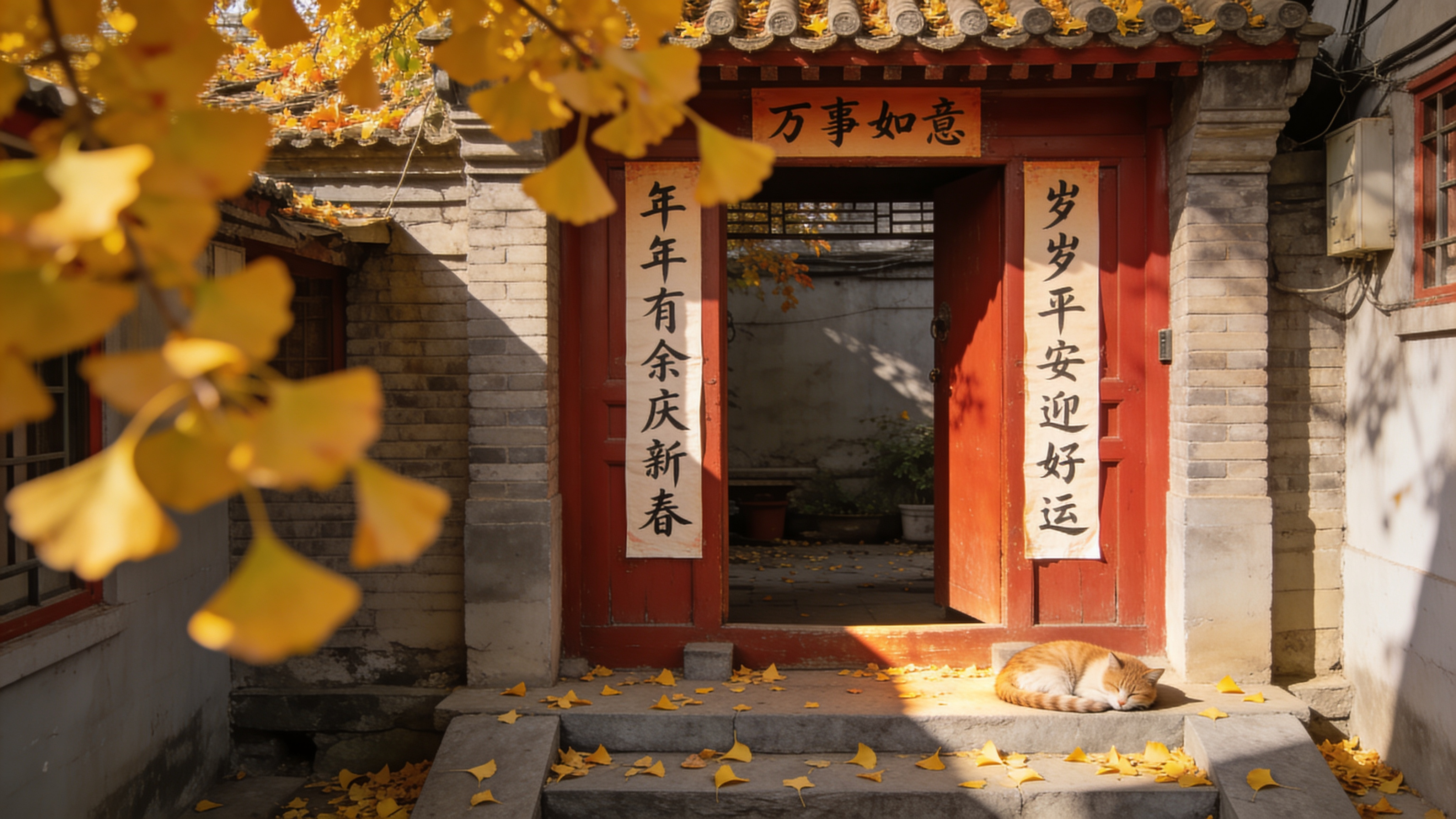Hutong courtyard in Beijing's Dongcheng, late autumn. Red wooden door with two vertical paper couplets pasted on either frame — left reads exactly "年年有余庆新春", right reads exactly "岁岁平安迎好运"; horizontal top band reads exactly "万事如意". Yellow ginkgo leaves scattered on grey stone step, a cat sleeping in warm raking sun. Mamiya 7 medium-format look, Kodak Ektar 100 palette. Chinese rendered verbatim as given, no auto-translation.
