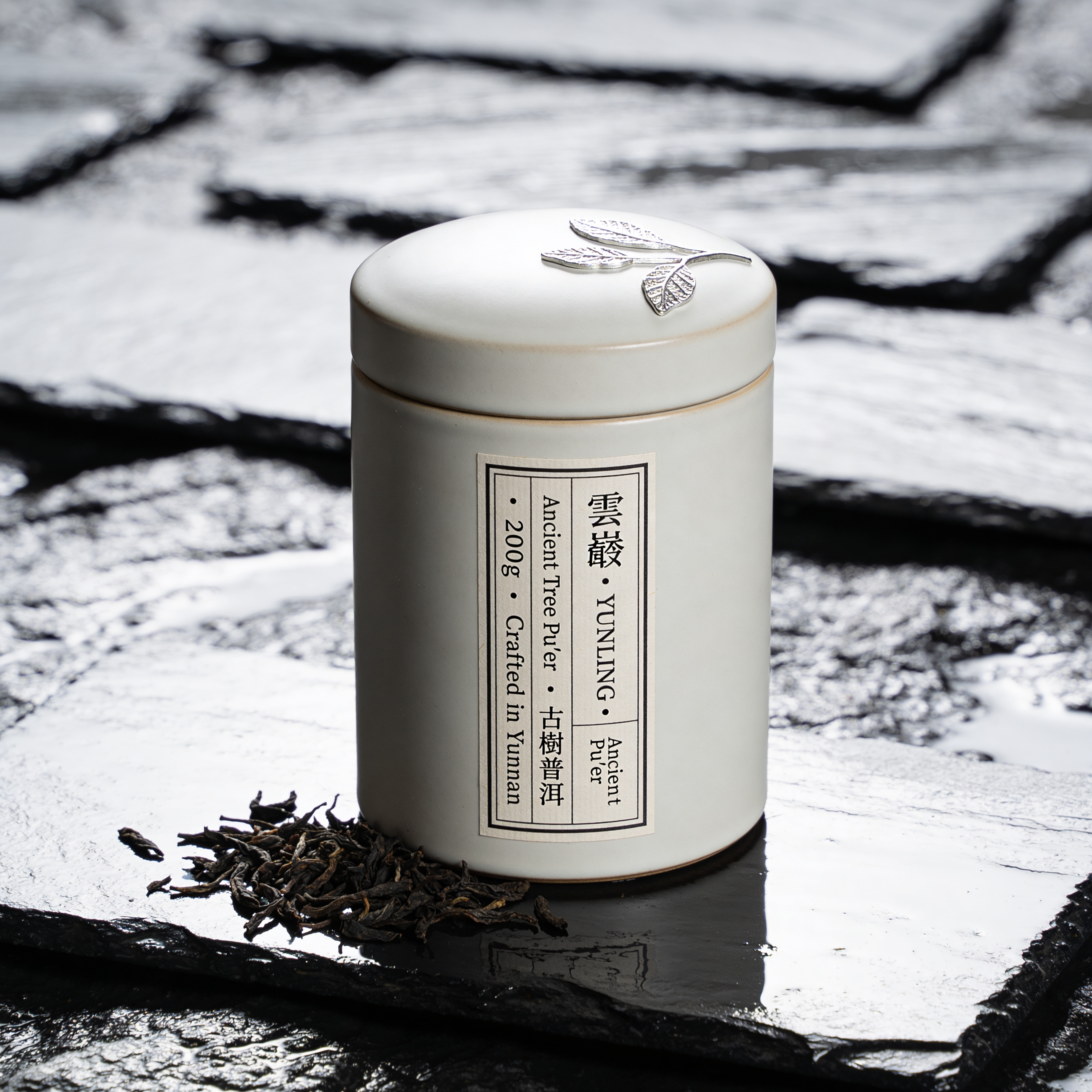 Hero packshot for a fictional Chinese premium tea brand. Matte-ceramic canister standing centered on rain-dark slate. Front label in vertical bilingual layout reads exactly "雲嶺 · YUNLING · Ancient Tree Pu'er · 古樹普洱 · 200g · Crafted in Yunnan". Silver-leaf accents on the lid, loose tea leaves scattered at base. Editorial side light at 45°, Hasselblad X2D 80mm f/8, focus-stacked sharp, pure soft shadow. Chinese characters and English rendered verbatim, no typo.