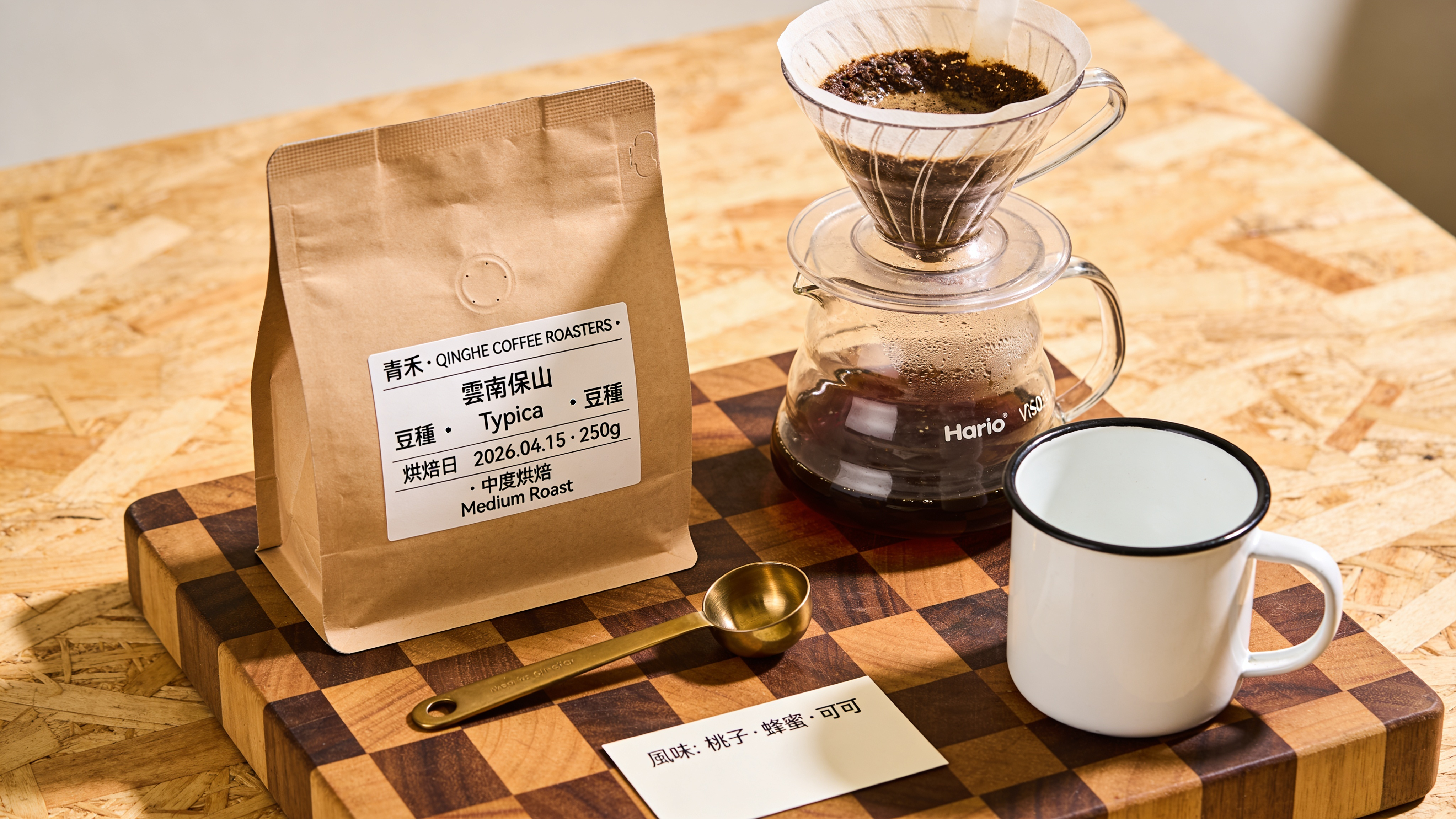 Flat overhead pour-over coffee setup on butcher-block counter. Kraft bag of beans labeled exactly "青禾 · QINGHE COFFEE ROASTERS · 雲南保山 豆種 Typica · 烘焙日 2026.04.15 · 250g · 中度烘焙 Medium Roast". Hario V60, brass scoop, white enamel mug, small card reading exactly "風味：桃子 · 蜂蜜 · 可可". Morning side light, no digital grade, no stock-photo steam. Traditional Chinese verbatim.