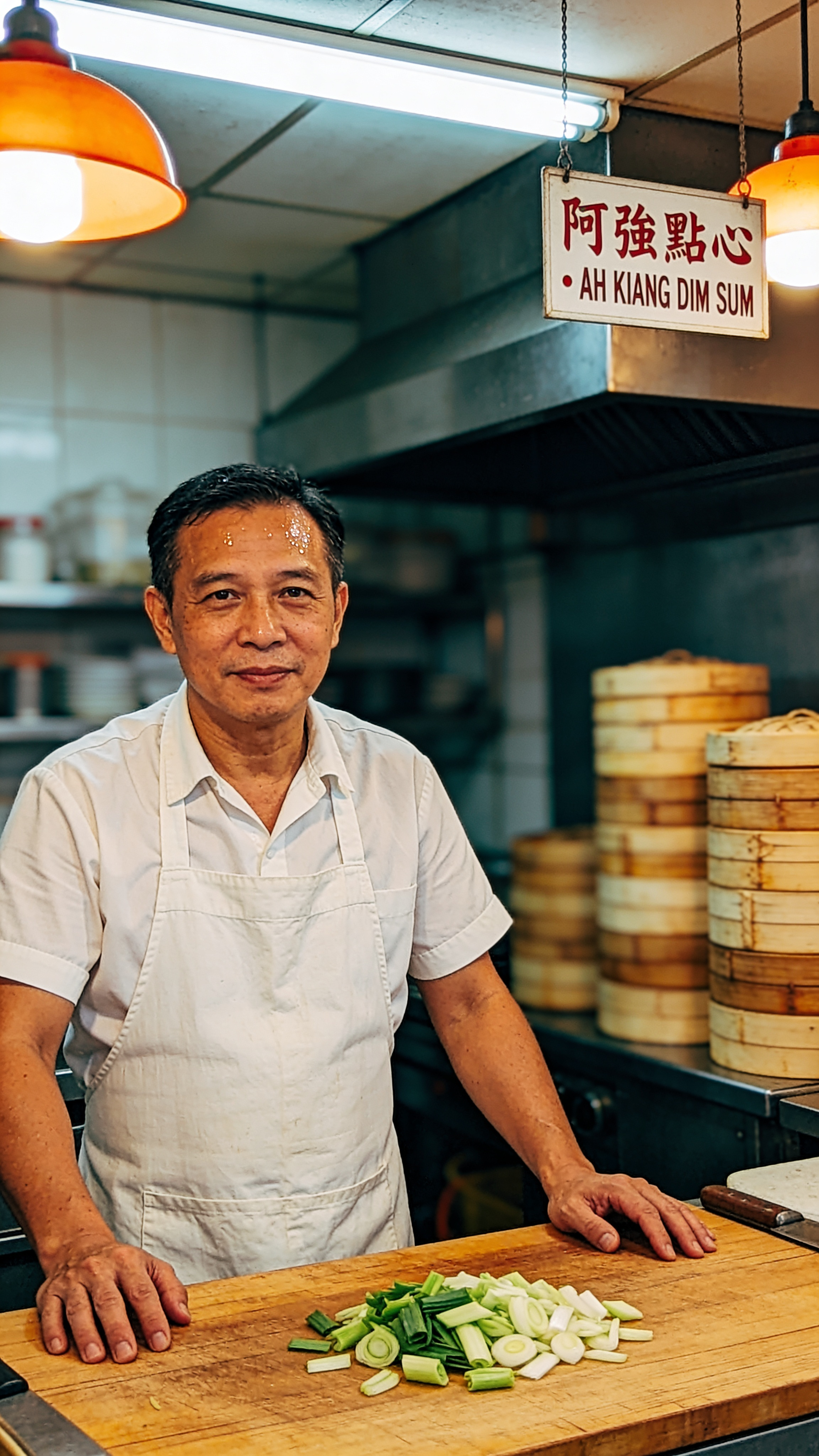 Editorial portrait: a 44-year-old Singaporean chef in a Chinatown kopitiam kitchen, wearing a simple white linen apron over a short-sleeve shirt. Hands resting on a wooden prep counter covered with sliced scallions. Overhead fluorescent mixed with warm pendant lights. Mamiya RZ67 look, 110mm f/4. Subtle sweat at temples, honest skin texture, no retouching. Background: stacks of dim-sum steamers slightly out of focus, a small hanging sign reads exactly "阿強點心 · AH KIANG DIM SUM".
