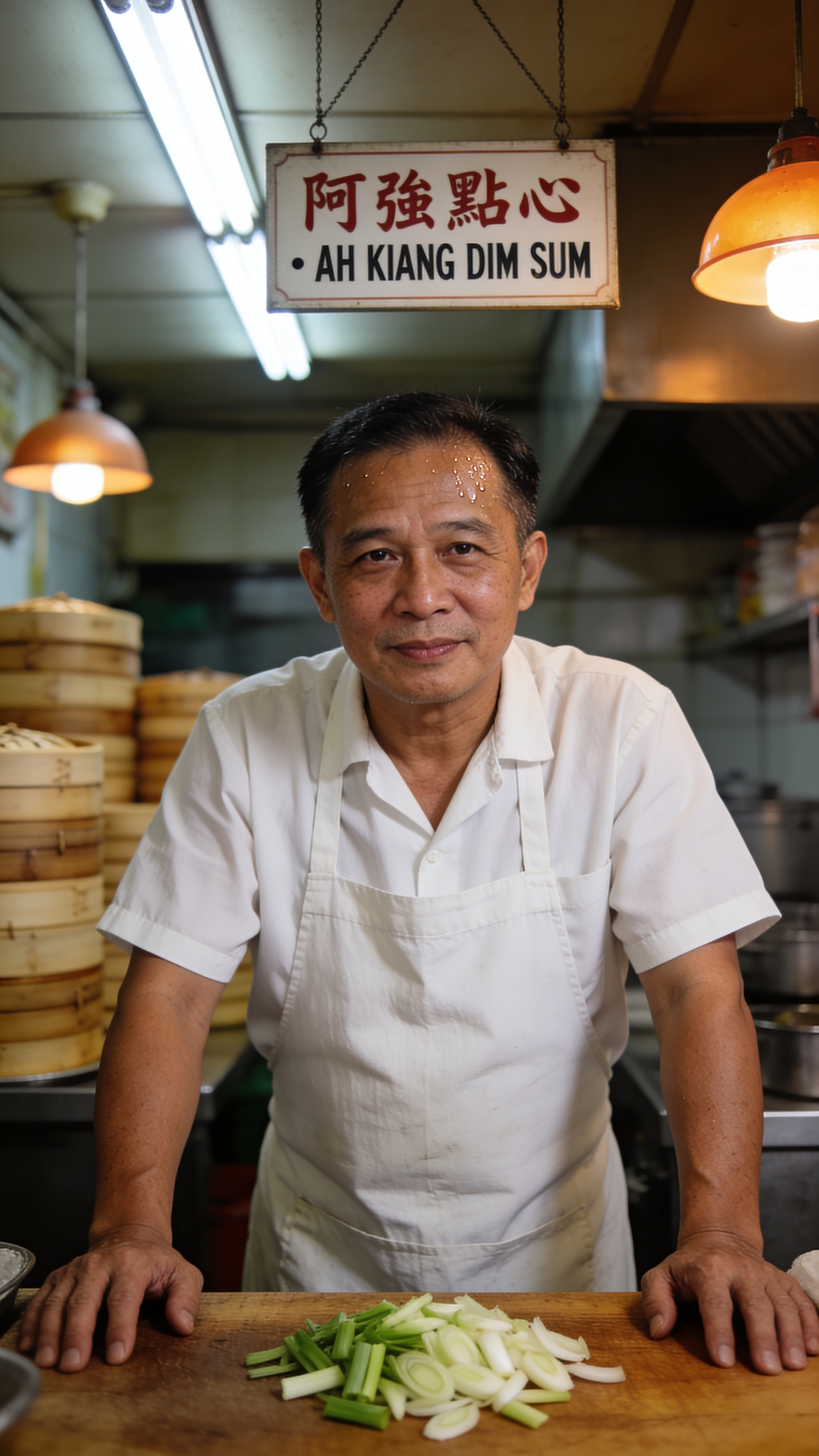 Editorial portrait: a 44-year-old Singaporean chef in a Chinatown kopitiam kitchen, wearing a simple white linen apron over a short-sleeve shirt. Hands resting on a wooden prep counter covered with sliced scallions. Overhead fluorescent mixed with warm pendant lights. Mamiya RZ67 look, 110mm f/4. Subtle sweat at temples, honest skin texture, no retouching. Background: stacks of dim-sum steamers slightly out of focus, a small hanging sign reads exactly "阿強點心 · AH KIANG DIM SUM".