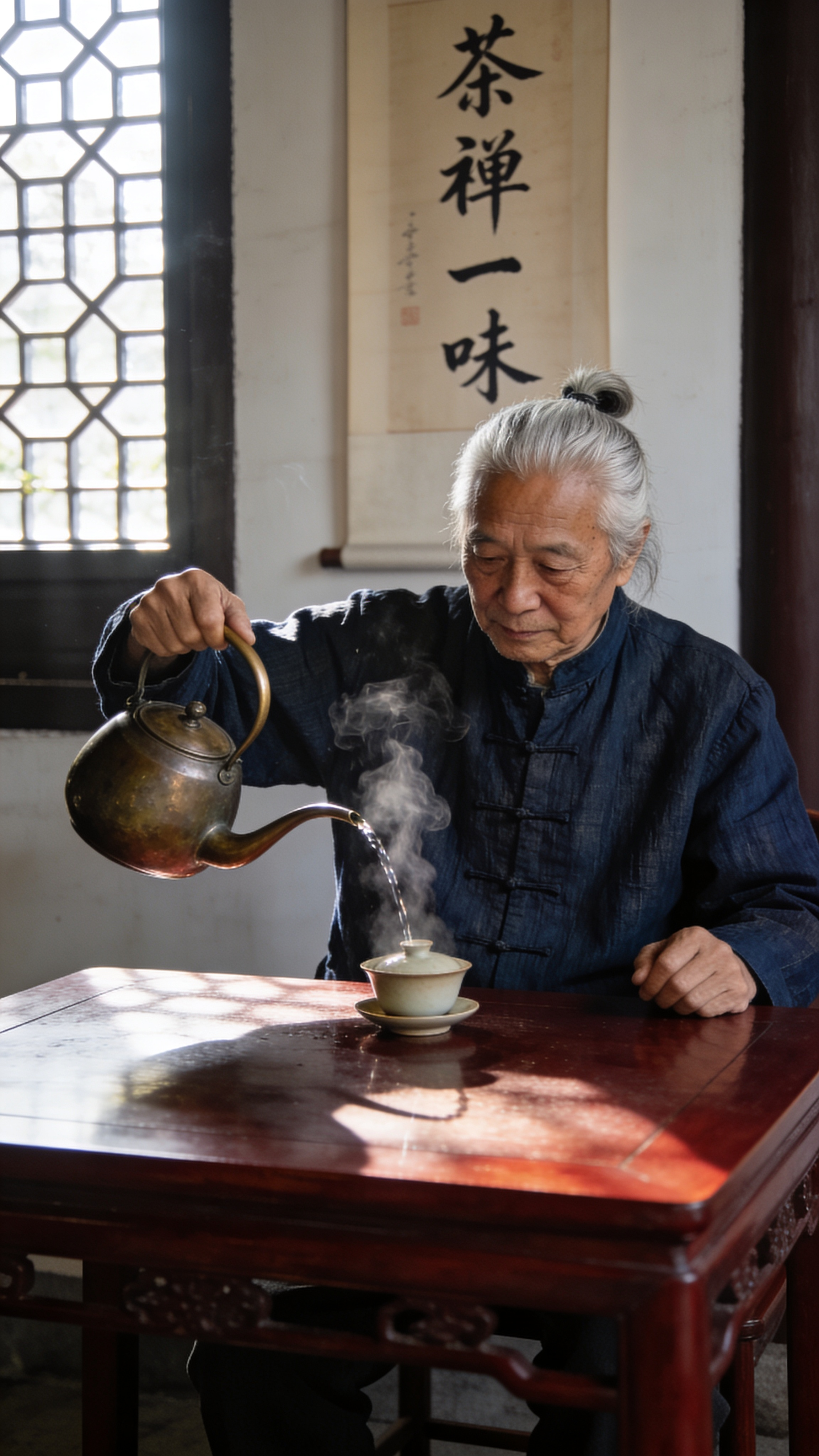 Documentary portrait of a Hangzhou tea master, 62, seated at a rosewood table pouring water from a traditional long-spout kettle into a small gaiwan. Steam rising, raking afternoon light from a latticed window behind her. Wearing a dark indigo qipao-inspired linen jacket, silver hair in a loose bun. Fuji X-T5, 35mm f/2. Scroll on wall behind reads exactly "茶禅一味". Natural documentary tone, no stylization, correct Chinese characters.