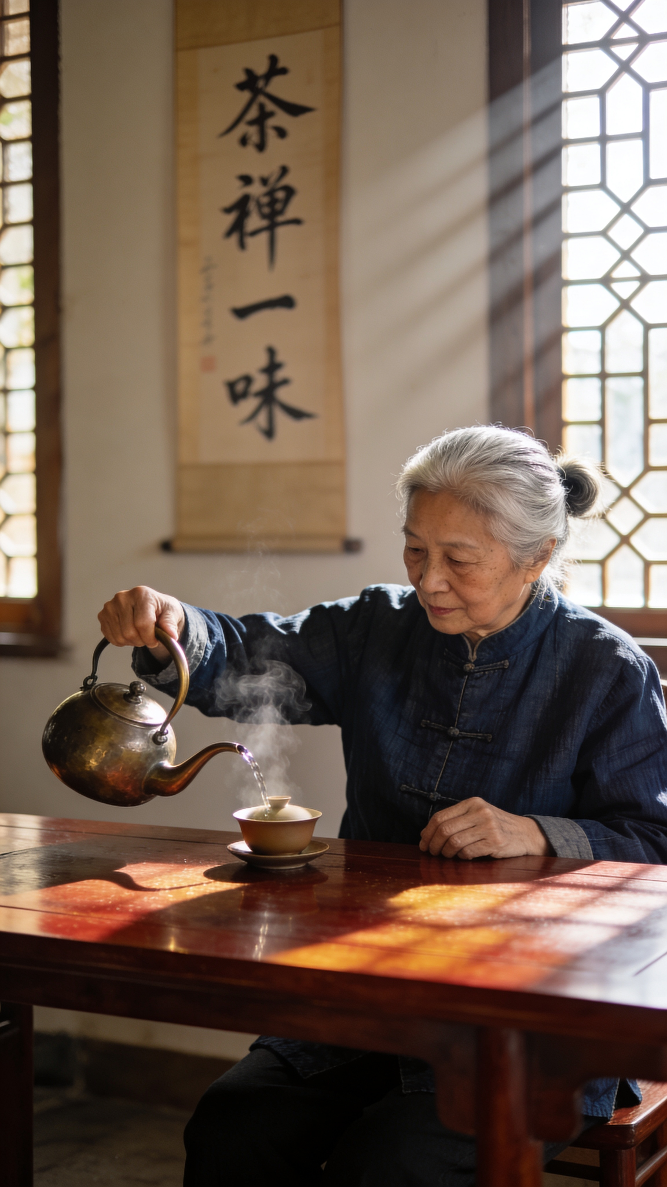 Documentary portrait of a Hangzhou tea master, 62, seated at a rosewood table pouring water from a traditional long-spout kettle into a small gaiwan. Steam rising, raking afternoon light from a latticed window behind her. Wearing a dark indigo qipao-inspired linen jacket, silver hair in a loose bun. Fuji X-T5, 35mm f/2. Scroll on wall behind reads exactly "茶禅一味". Natural documentary tone, no stylization, correct Chinese characters.