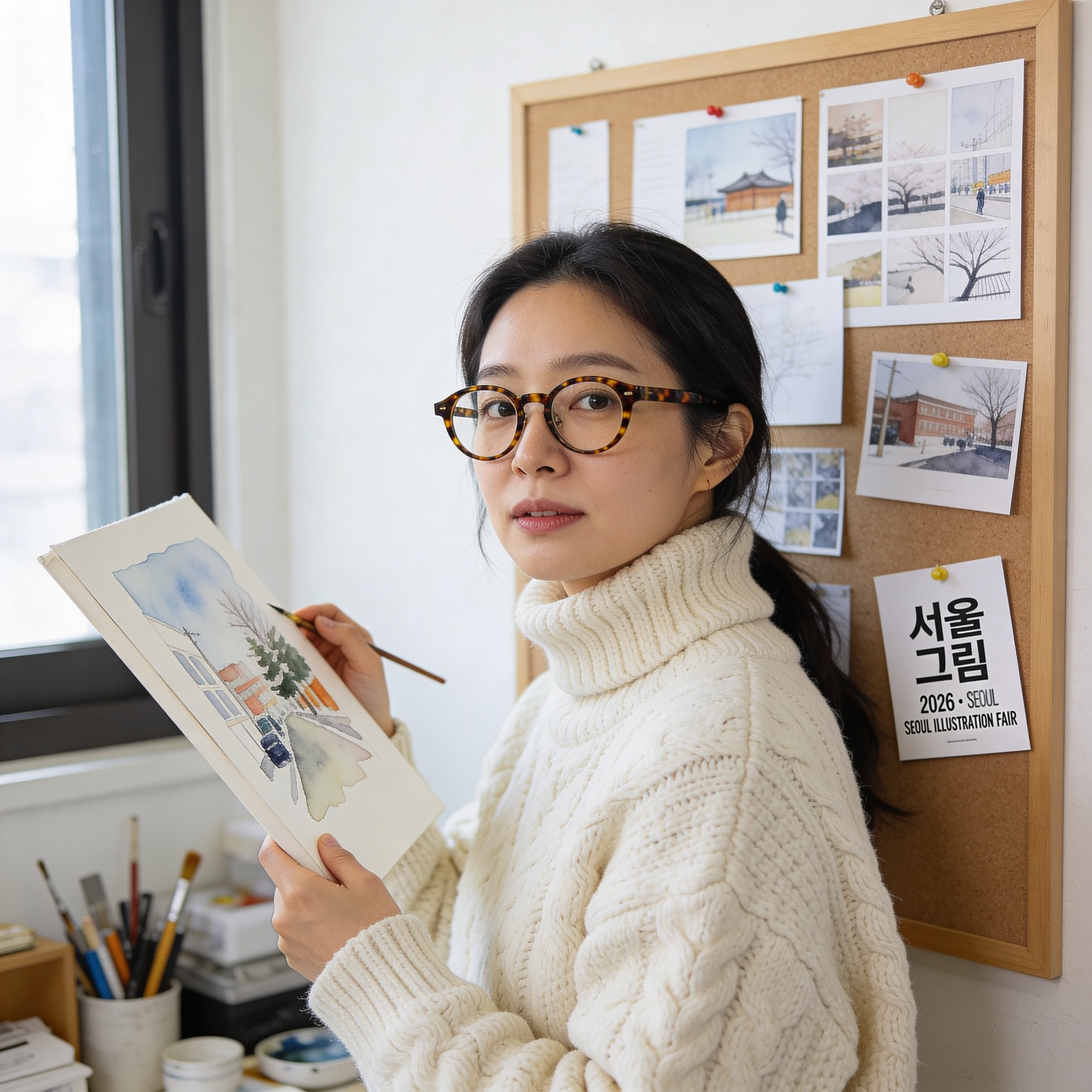 Half-length portrait of a 31-year-old Korean illustrator at her Seoul studio, winter afternoon. She's wearing a chunky cream-colored knit and round tortoise-shell glasses, holding a half-finished watercolor. Bulletin board behind her pinned with inspiration clippings; one small postcard on it reads exactly "서울 그림 2026 · SEOUL ILLUSTRATION FAIR". Sony A7IV 55mm f/1.8, window light, honest skin detail, no filter look.