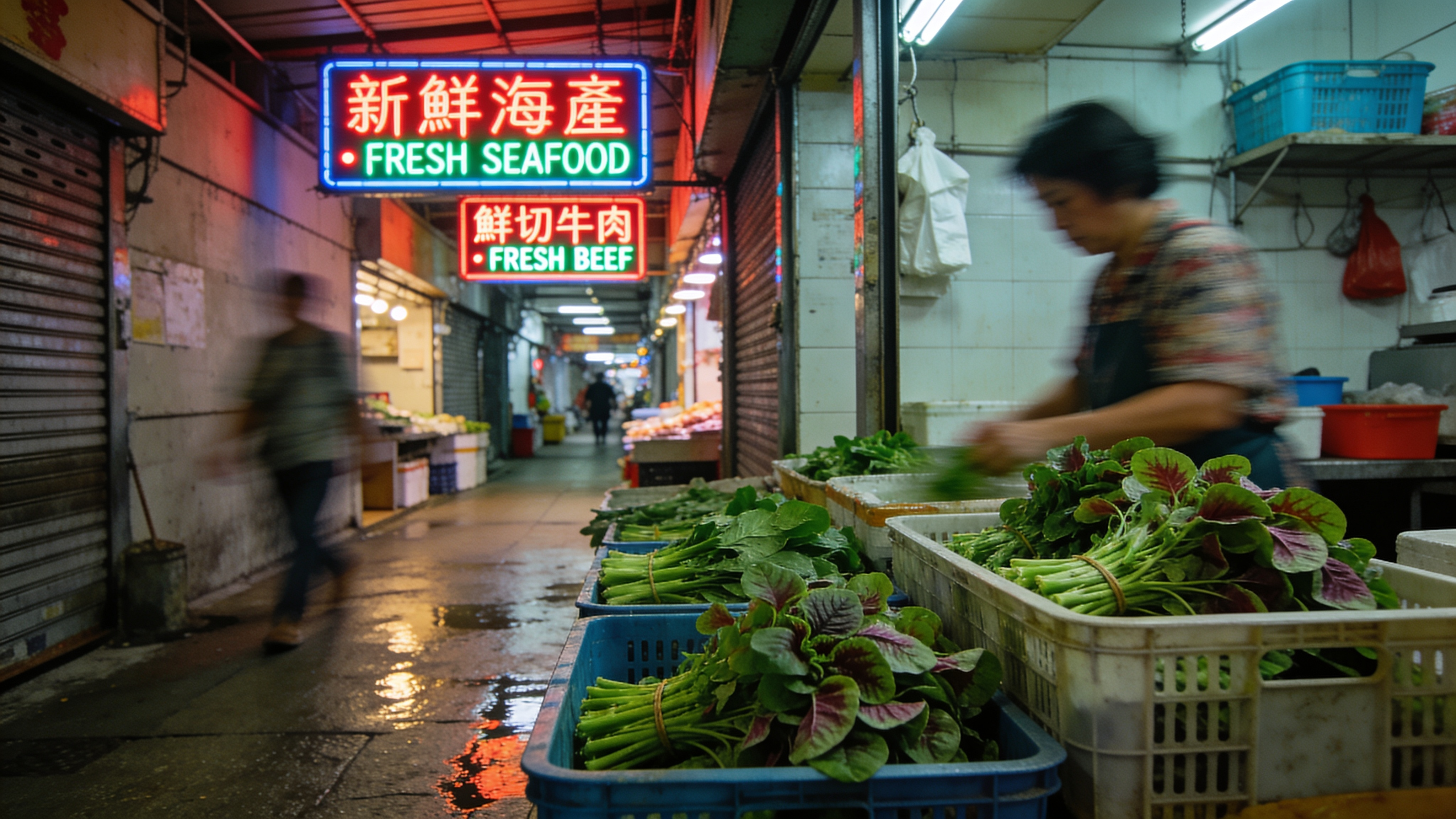 Hong Kong wet market aisle at 8 AM, looking down the narrow passage. Neon-lit signs in Cantonese + English hang from the low ceiling — nearest one reads exactly "新鮮海產 · FRESH SEAFOOD", next reads exactly "鮮切牛肉 · FRESH BEEF". Crates of morning-glory greens in foreground, a vendor out of focus. Wet concrete floor with subtle reflections. Shot 35mm f/2.8 on Kodak Portra 800, slight motion blur on a passing shopper. No illegible duplicate signs.