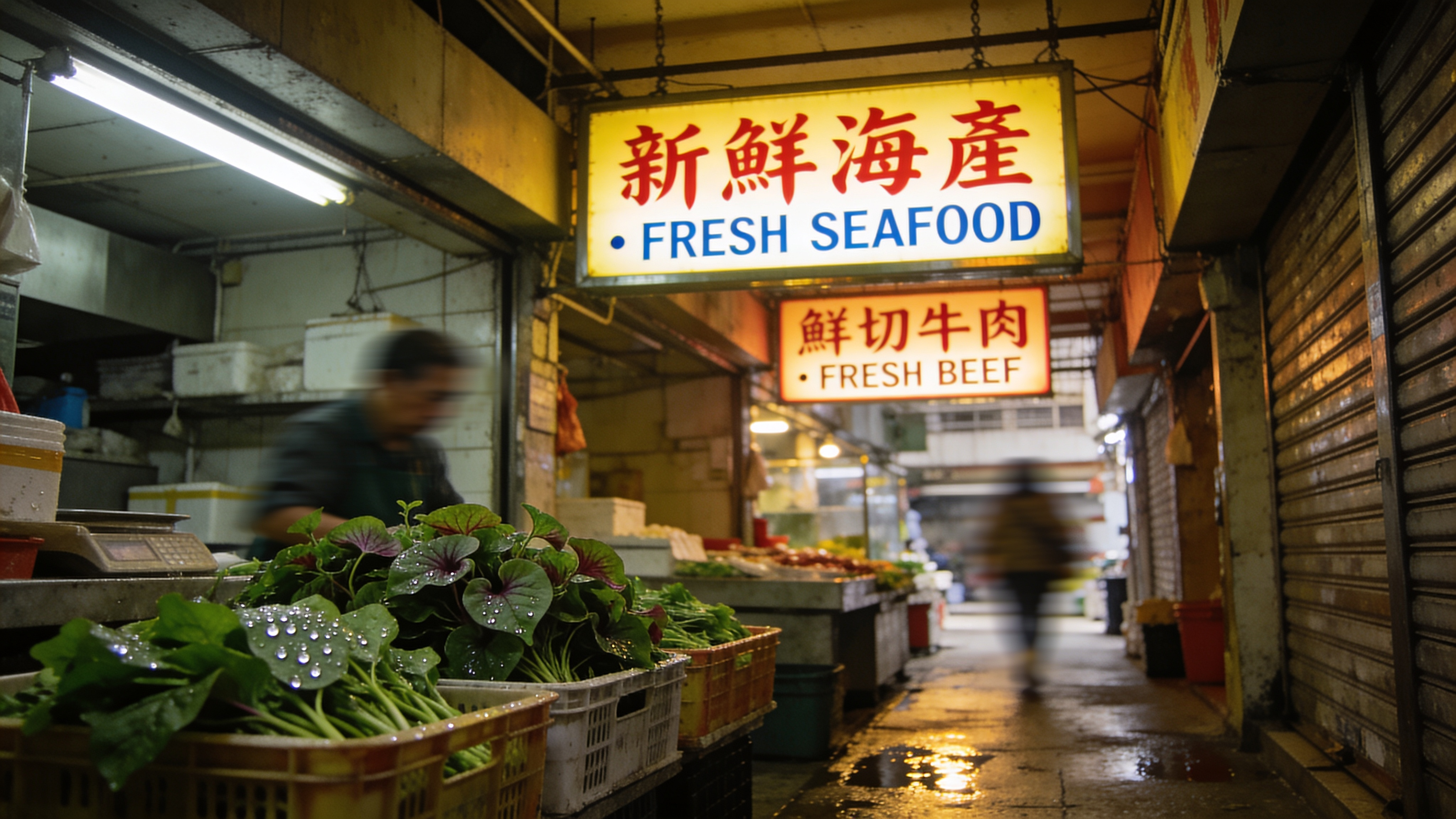 Hong Kong wet market aisle at 8 AM, looking down the narrow passage. Neon-lit signs in Cantonese + English hang from the low ceiling — nearest one reads exactly "新鮮海產 · FRESH SEAFOOD", next reads exactly "鮮切牛肉 · FRESH BEEF". Crates of morning-glory greens in foreground, a vendor out of focus. Wet concrete floor with subtle reflections. Shot 35mm f/2.8 on Kodak Portra 800, slight motion blur on a passing shopper. No illegible duplicate signs.