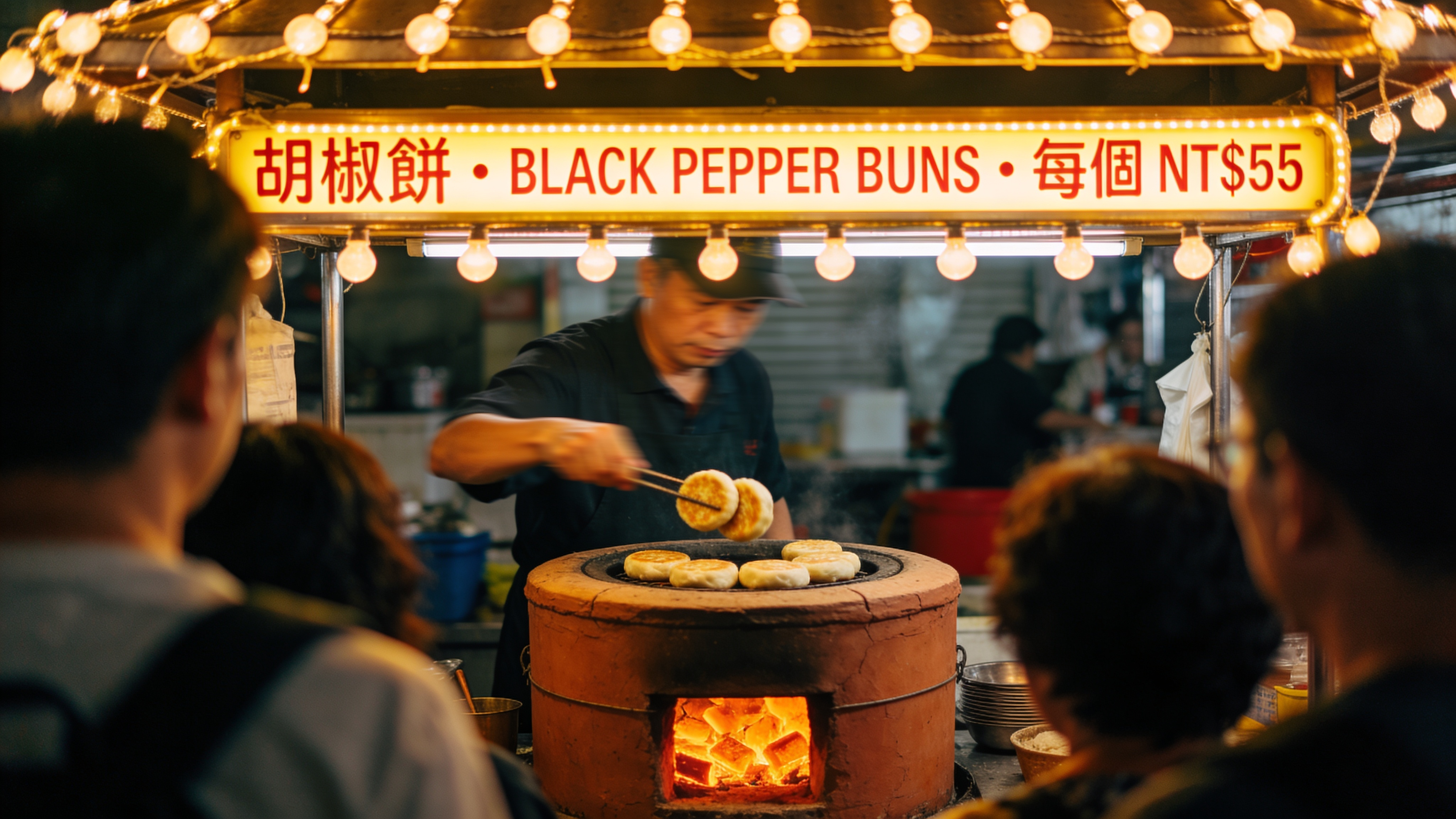 Taipei Raohe night market food stall under string lights. Neon sign above stall reads exactly "胡椒餅 · BLACK PEPPER BUNS · 每個 NT$55". Cook in motion pulling buns from a cylindrical clay oven, orange embers glowing inside. Crowds in foreground soft-blurred. 50mm f/1.8, ISO 1600, handheld documentary aesthetic. All Chinese and English rendered verbatim.