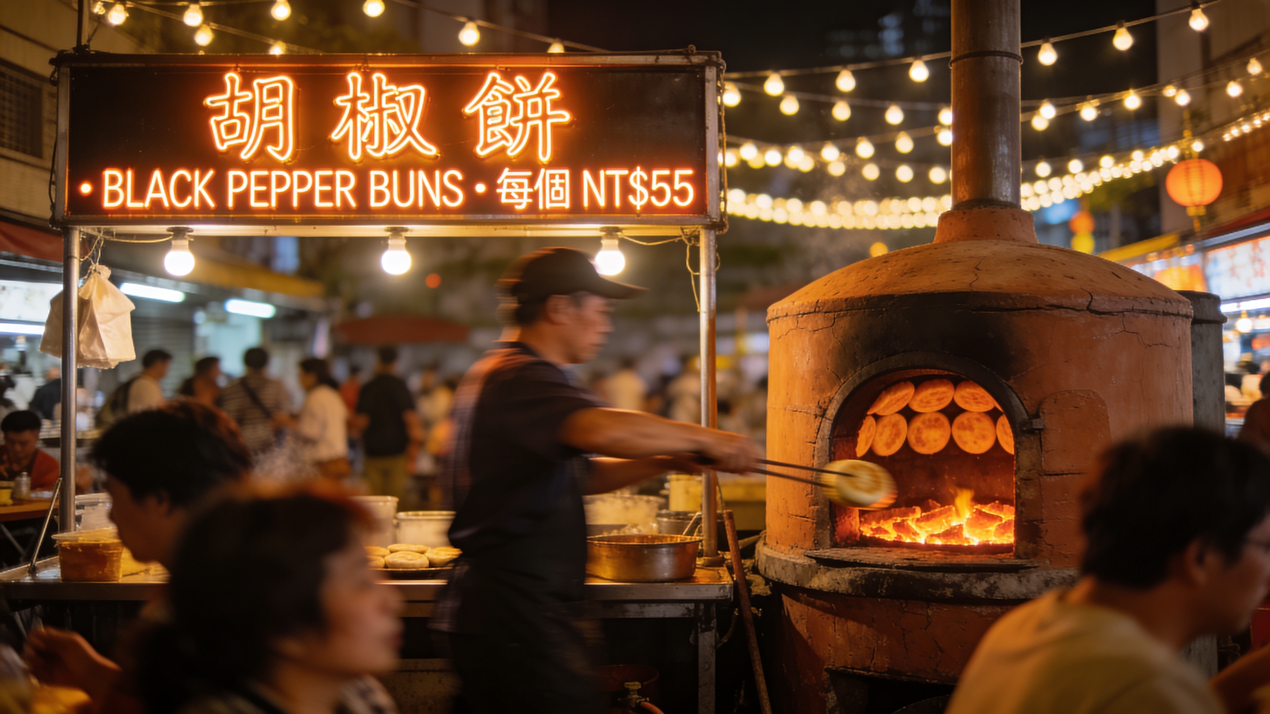 Taipei Raohe night market food stall under string lights. Neon sign above stall reads exactly "胡椒餅 · BLACK PEPPER BUNS · 每個 NT$55". Cook in motion pulling buns from a cylindrical clay oven, orange embers glowing inside. Crowds in foreground soft-blurred. 50mm f/1.8, ISO 1600, handheld documentary aesthetic. All Chinese and English rendered verbatim.