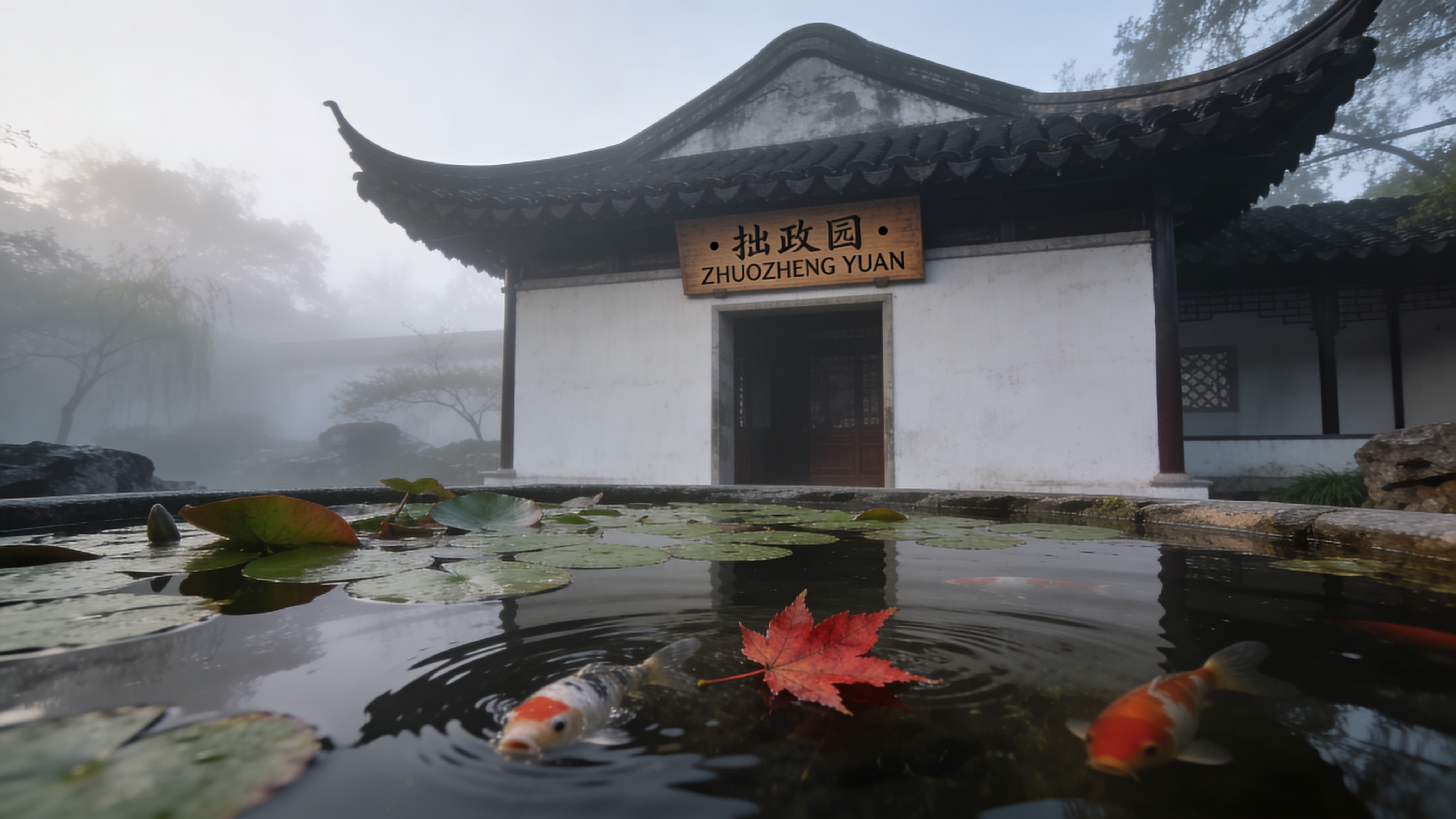 Suzhou classical garden Humble Administrator's pavilion in early mist, 6 AM. Black-tile roof, white-washed walls, a single carved wood plaque above the entrance reads exactly "拙政园 · ZHUOZHENG YUAN". Koi breaking the surface of the lily pond in foreground, one red maple leaf floating. Large-format 4x5 view-camera aesthetic, muted Portra 160 tones, no HDR. Chinese and romanization correctly paired.